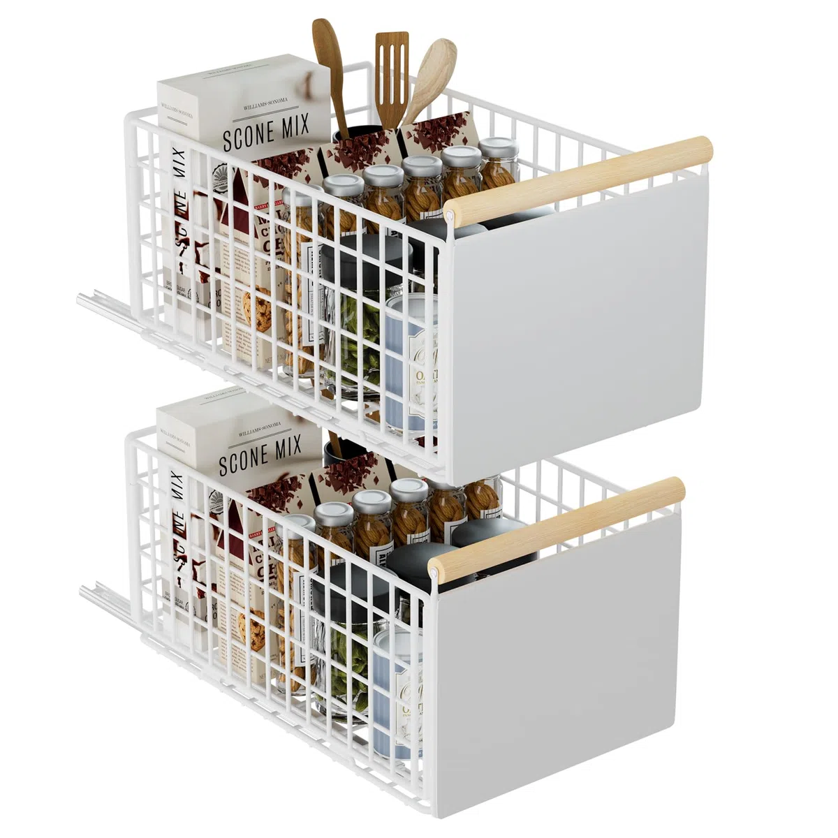 Teleskopschublade, Ausziehbare Schublade für Küchenschränke, Slide Out Cabinet Organizer mit Griff & Kleber, Schubladen Aufbewahrungsregal für Küche Pantry, Kein Bohren (L: 23.5x39.5x19.5 cm, 2 Stück)