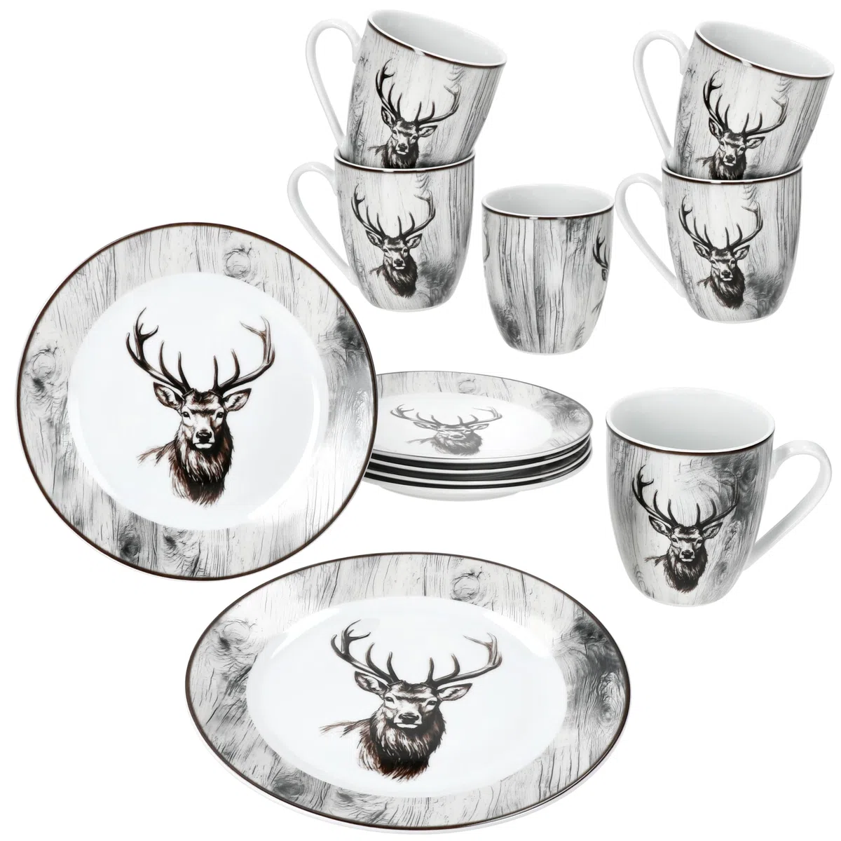 MamboCat Alois 12tlg Frühstücksset I je 6x Frühstücksteller & Kaffeebecher 350 ml aus Porzellan I 6 Personen I Holz-Optik & Hirschmotiv in Schwarz-Weiß I für Frühstück & Kaffee