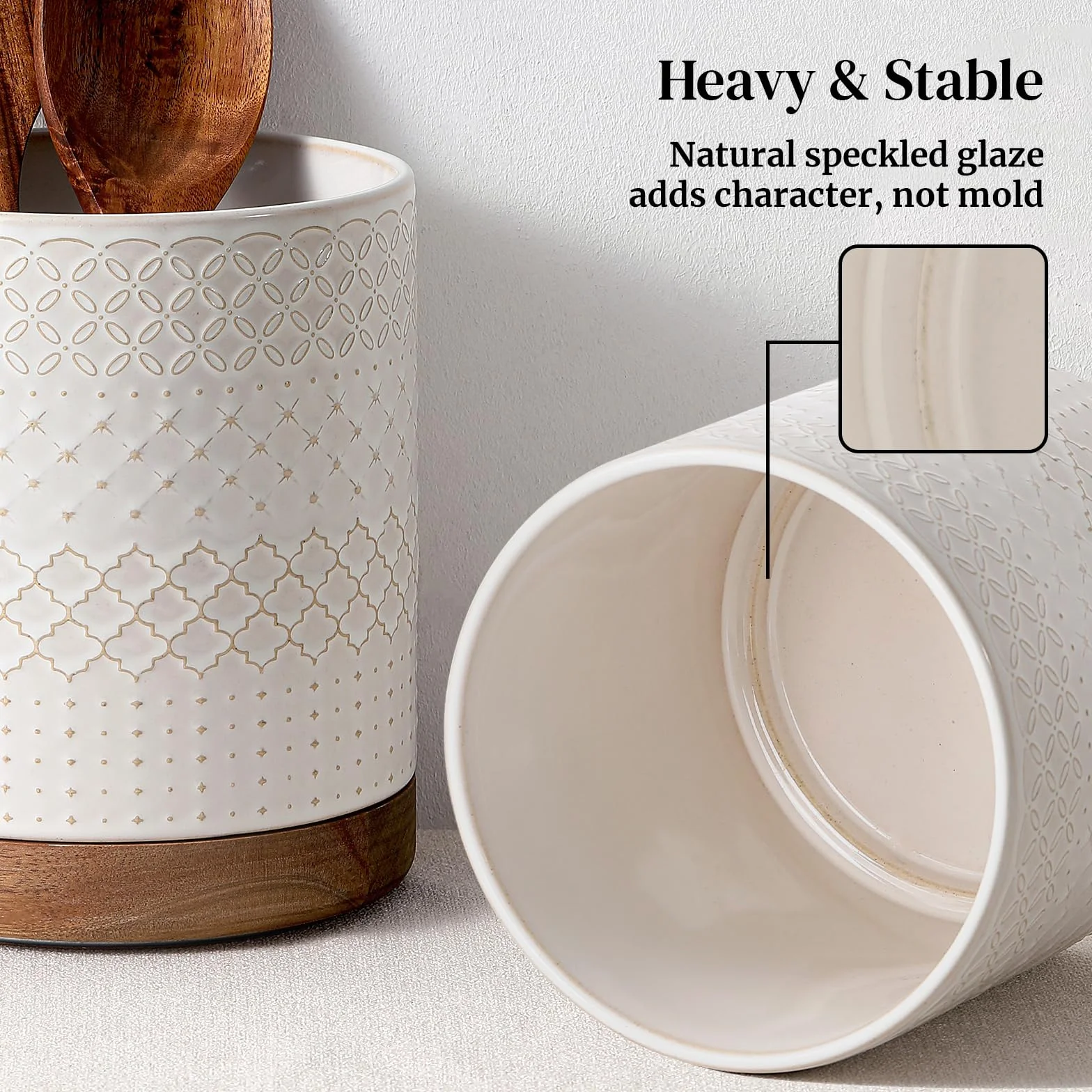DOWAN Utensilienhalter Küche Drehbar, Küchenutensilienhalter Keramik, Behälter Für Küchenutensilien, Küchenutensilien Aufbewahrung Beige mit Relief, Utensilienbehälter Groß für Kochlöffel