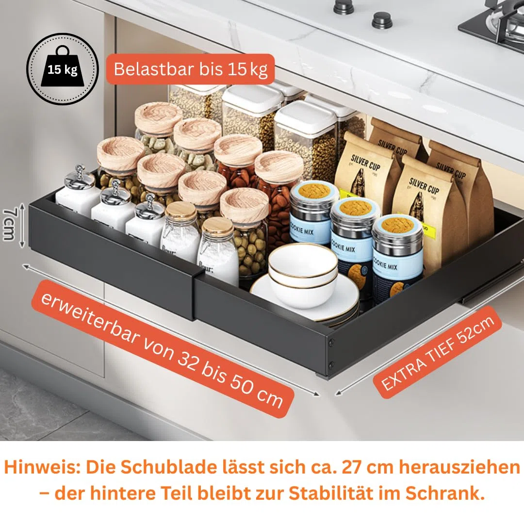 Teleskopschublade Küche 52cm Tief 2er Ausziehschublade Breite 32-50 cm verstellbar Kleben Schrauben Metallschienen
