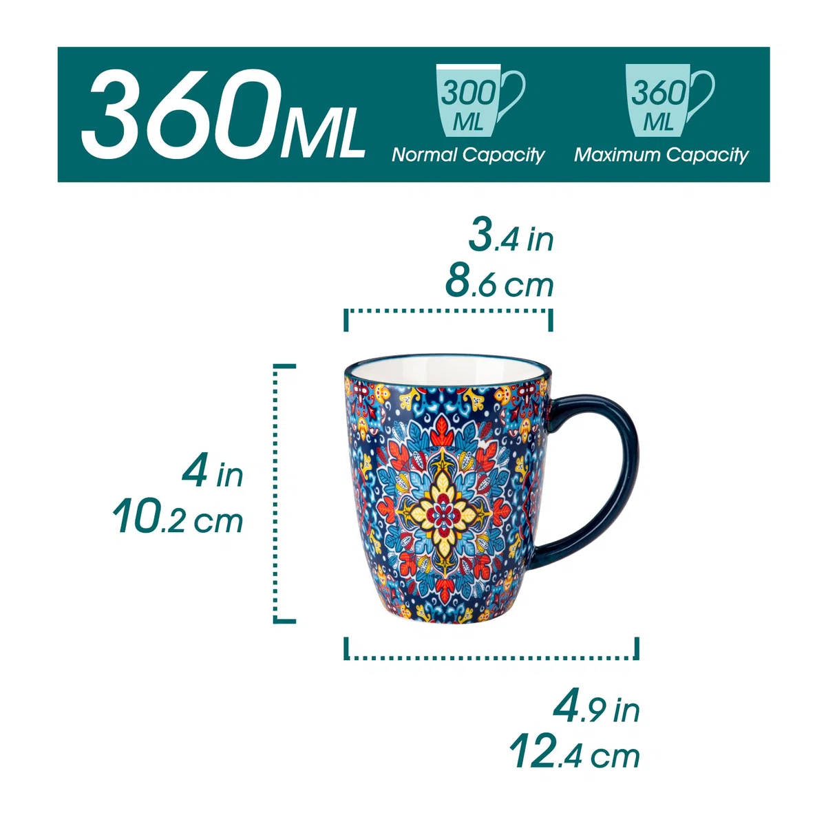 vancasso Kaffeetassen Set 6er, SIMI Tassen Set mit Henkel, 360ML Kaffeebecher Porzellan, Böhmisches Teetassen, kaffeeservice 6 personen