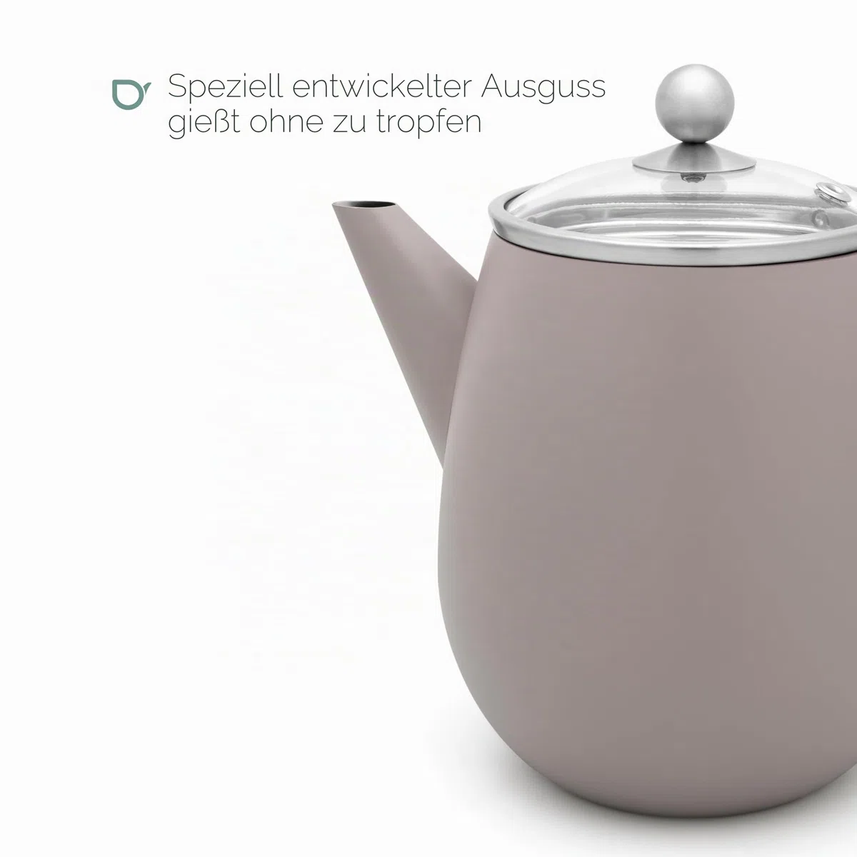 Bredemeijer graue doppelwandige Teekanne 1.1 Liter - isolierende Edelstahl Kanne mit Glasdeckel & Tee-Filter-Sieb | Doppelwandige Tee Kanne für bis zu 1 Stunde warmen Tee, Teezubereiter mit Glasdeckel und Teesieb, tropffreies Ausgießen