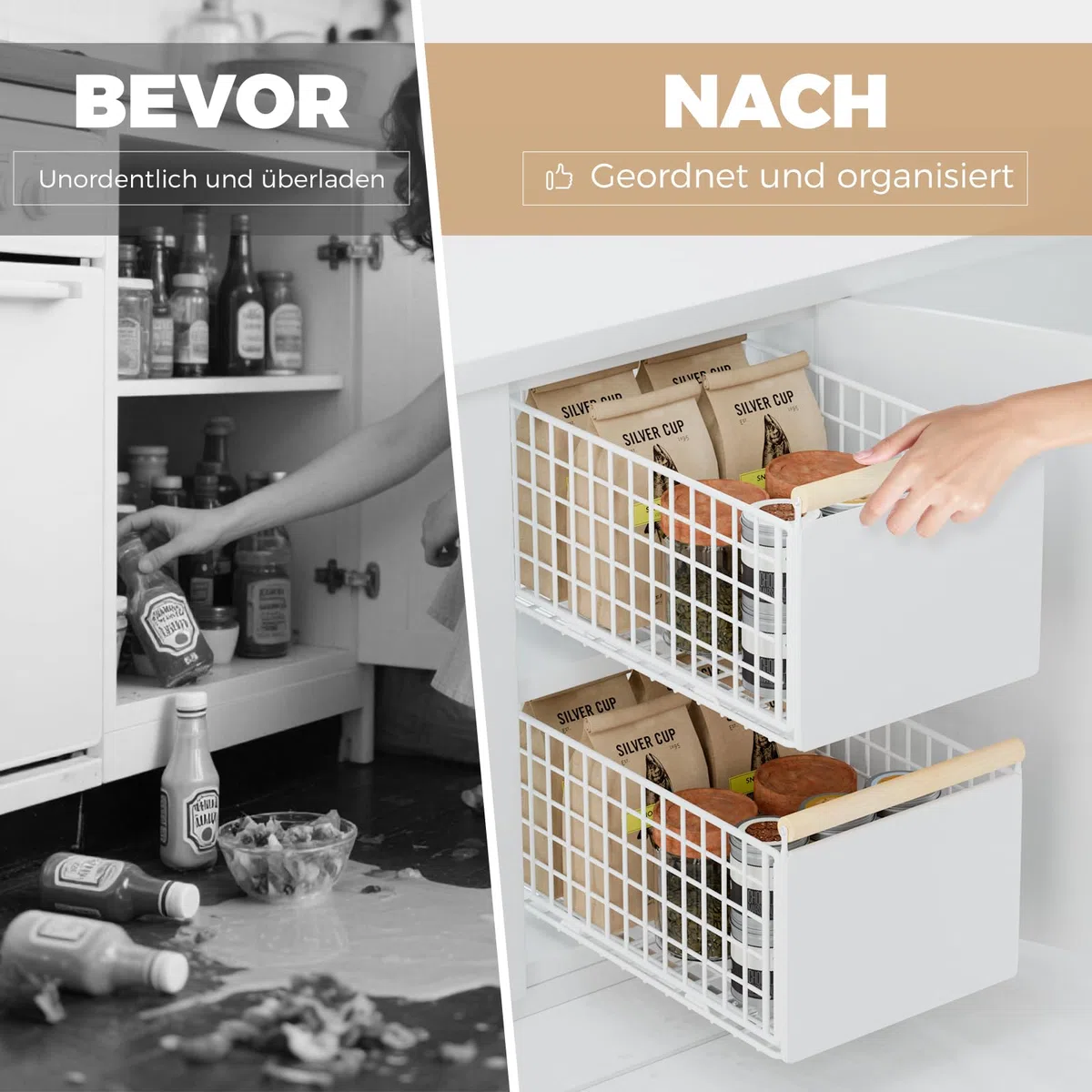 Teleskopschublade, Ausziehbare Schublade für Küchenschränke, Slide Out Cabinet Organizer mit Griff & Kleber, Schubladen Aufbewahrungsregal für Küche Pantry, Kein Bohren (L: 23.5x39.5x19.5 cm, 2 Stück)