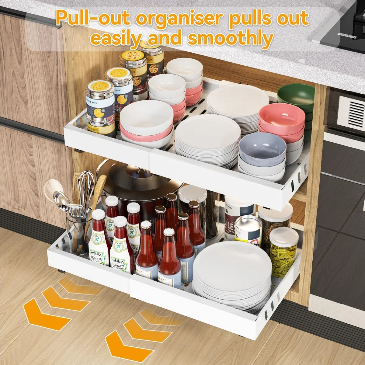 2 Pack erweiterbar ausziehbare schublade küche mit Kleber, ausziehbarer schrank organizer, Stick Slide Out teleskopschublade Cabinet Pull Out für Küche Pantry Organisation Einstellbare Breite 32-53cm