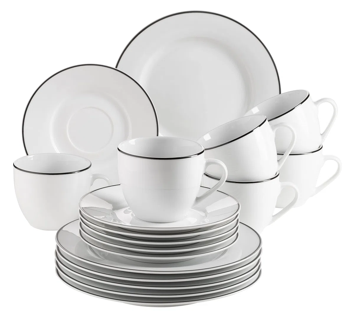 Mäser, Serie Nola, Kaffeeservice 6 Personen modern, Weiß mit Schwarzem Rand, 18-teiliges Geschirr Set mit Kaffeetassen, Untertassen & Dessertteller - Rundes Kaffeegeschirr, Kaffeeset, Weiß