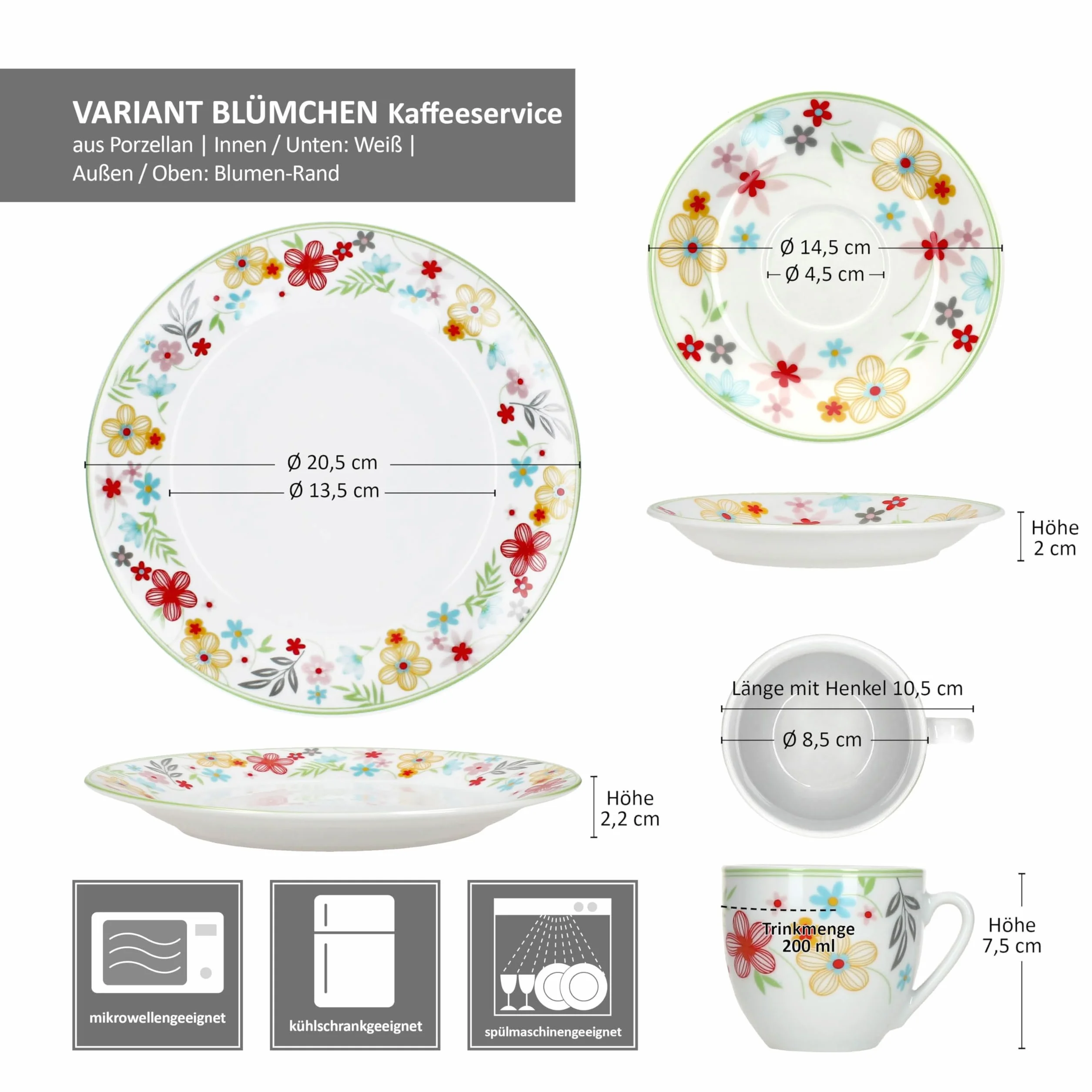 MamboCat Variant Blümchen 18tlg Kaffeeservice I farbige Porzellan-Kaffeeset für 6 Personen I Je 6X Kaffeetassen 200ml, Untertassen & Kuchenteller I buntes Geschirr für Frühstück & Kaffee