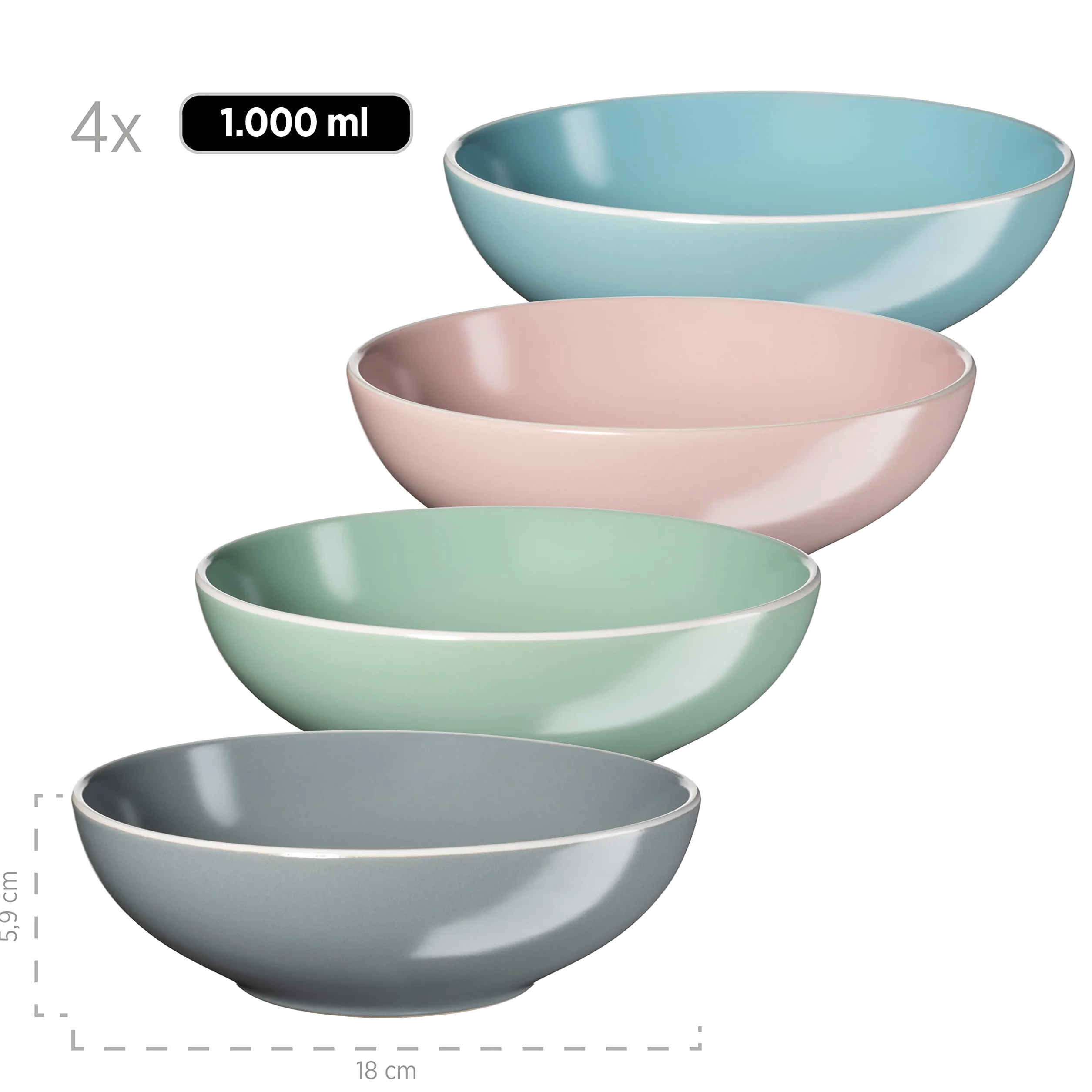 MÄSER 934006 Serie Elissa, Modernes Geschirr Set für 4 Personen in bunten Mattglasuren mit weißem Rand, 16-teiliges Kombiservice, Steinzeug, Bunt, Grau, Türkis, Rosa, Grün