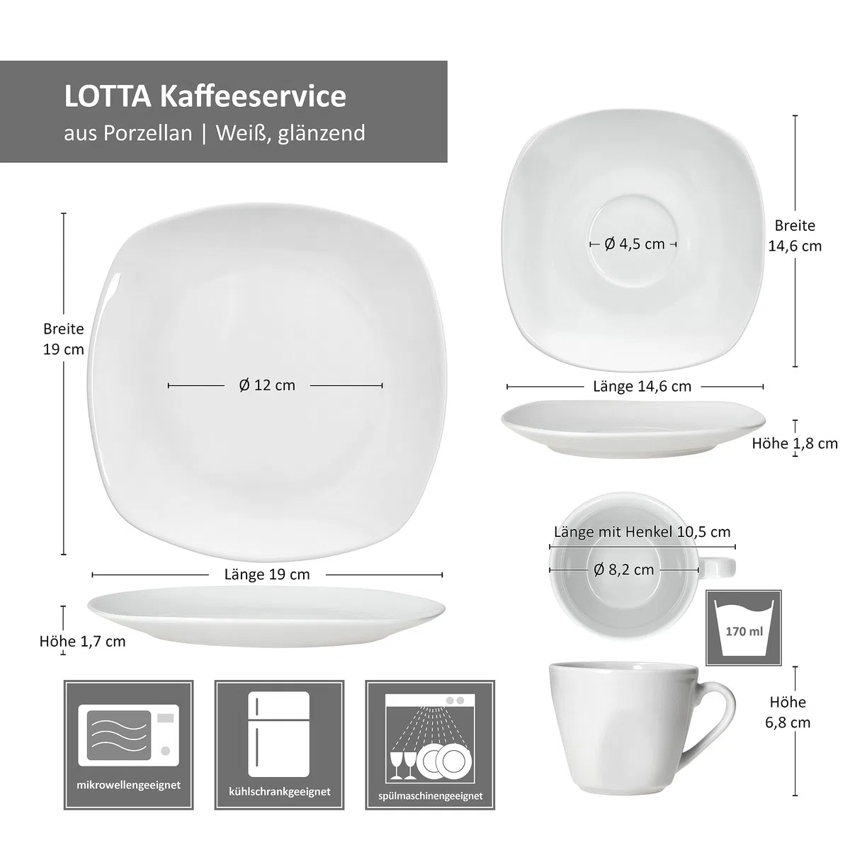 MamboCat Lotta 18tlg Kaffeeservice I weiße Porzellan-Kaffeeset für 6 Personen I Je 6x Kaffeetassen 170ml, Untertassen & Kuchenteller I schickes Geschirr für Frühstück & Kaffee I für Gastro, Hotel & Co