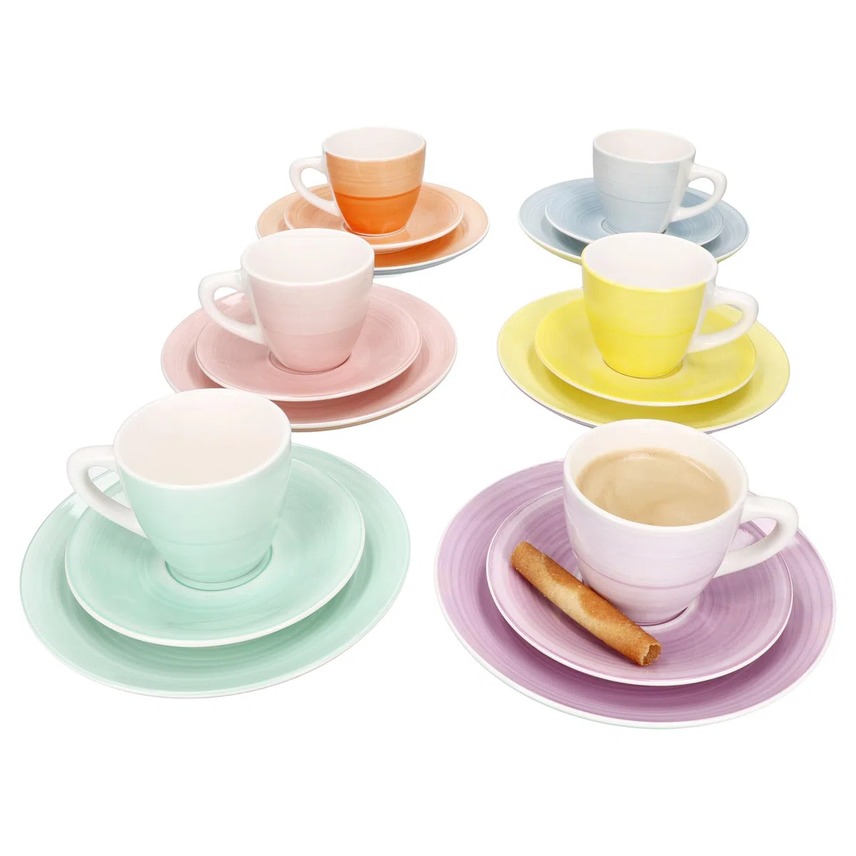 MamboCat Spring 18tlg Kaffeeservice I Steingut Geschirr Set I je 6X Bunte Kuchenteller, Untertassen & Tassen 160ml I Gelb, Orange, Rosa, Lila, Mint & Blau I Kaffee & Kuchen