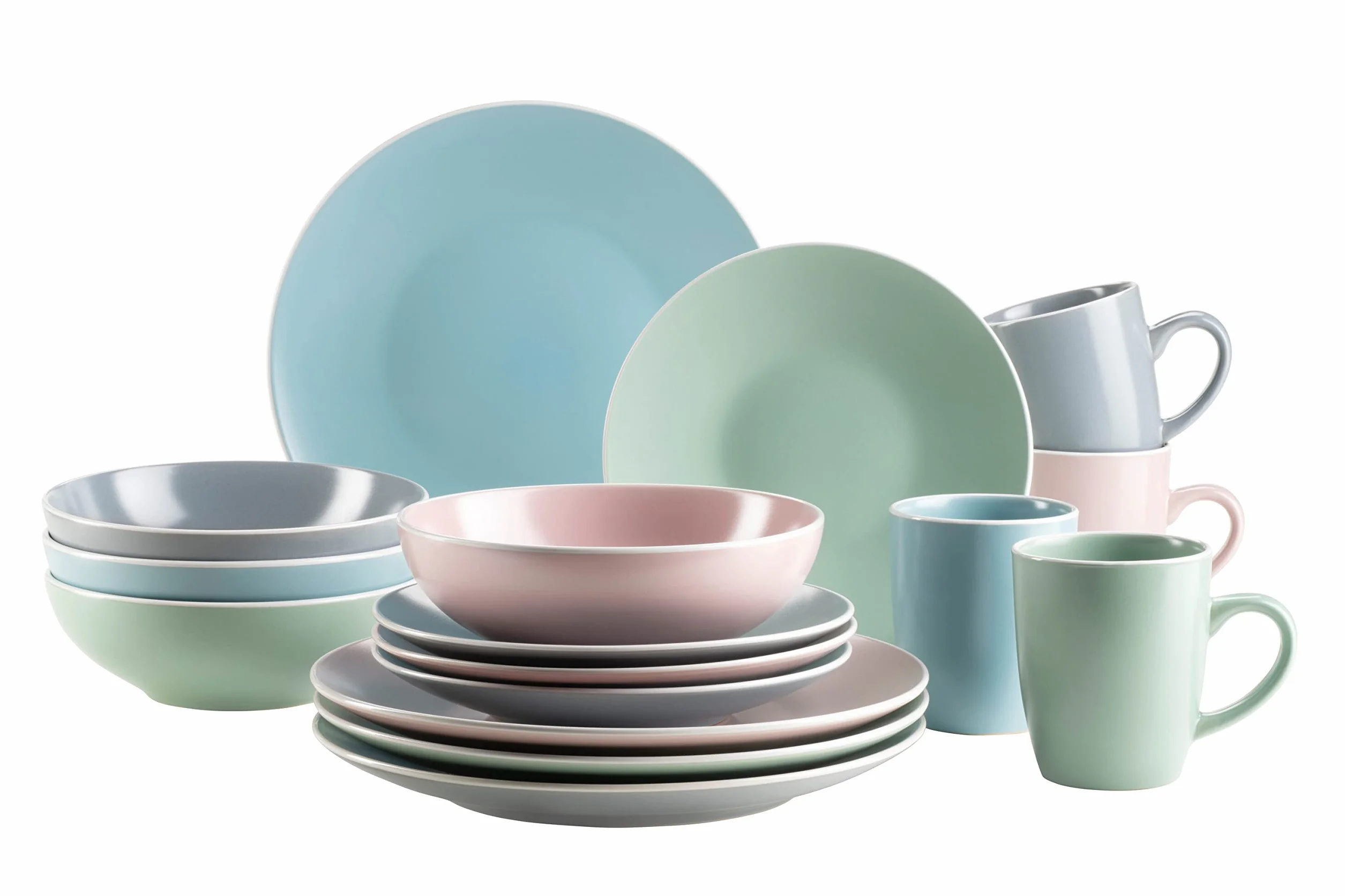 MÄSER 934006 Serie Elissa, Modernes Geschirr Set für 4 Personen in bunten Mattglasuren mit weißem Rand, 16-teiliges Kombiservice, Steinzeug, Bunt, Grau, Türkis, Rosa, Grün