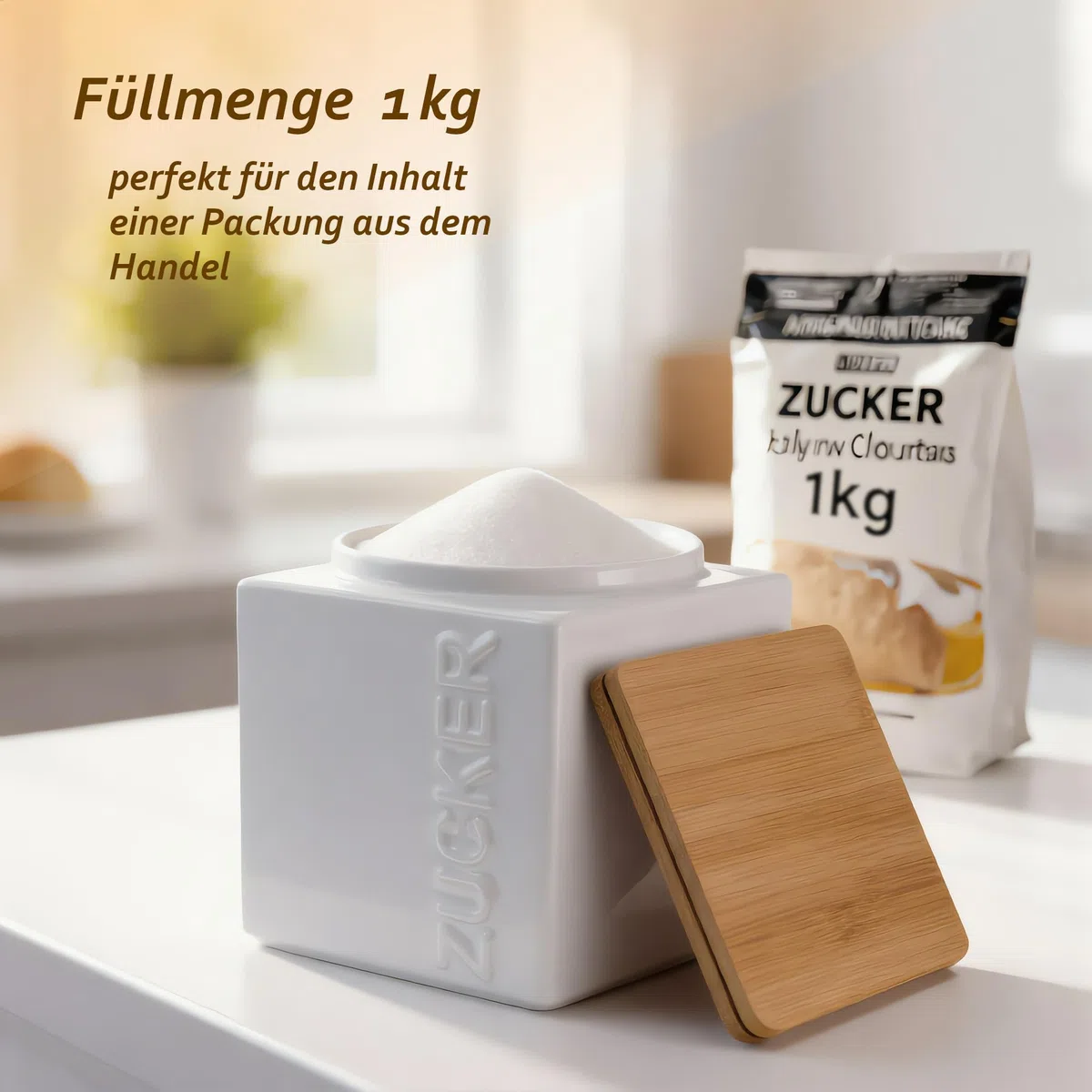 Zuckerdose luftdicht 1kg – Keramik Zuckerbehälter inkl. Bambus Messlöffel - Bambusdeckel für lange Haltbarkeit - eckig & platzsparend stapelbar - Weiß & Anthrazit