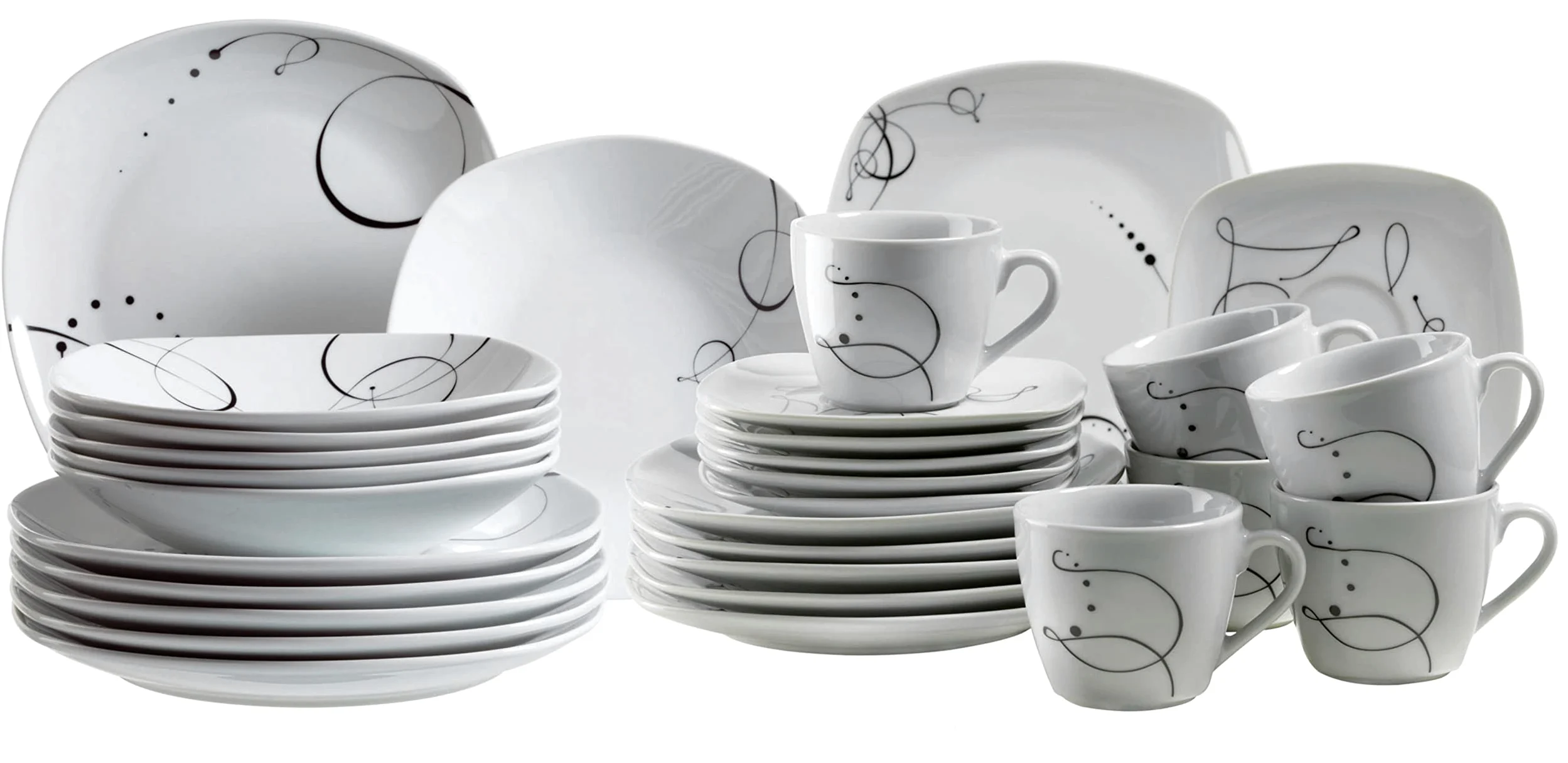 Mäser, Serie Chanson, Kombiservice 30-teilig, Porzellan Geschirrset, für 6 Personen, Weiß, Weiss/Opulenter Garten