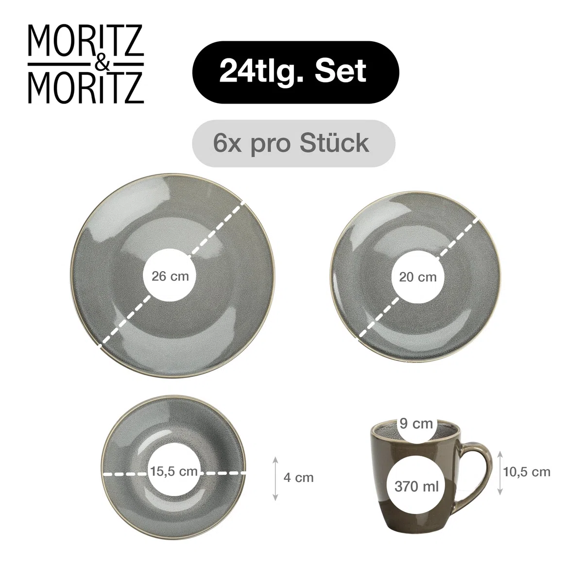 Moritz & Moritz SENSE 24-tlg. Geschirrset 6 Personen Grau Steinzeug Spülmaschinenfest Mikrowellenfest