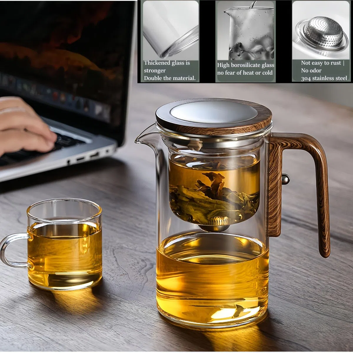 Wasserabscheidende Teekanne aus Glas mit Holzgriff, Teekanne aus Glas mit Sieb und Druckknopf, Teekanne aus klarem Glas, für blühenden Tee und losen Tee(500ml/17oz,700/24oz) (500ML)