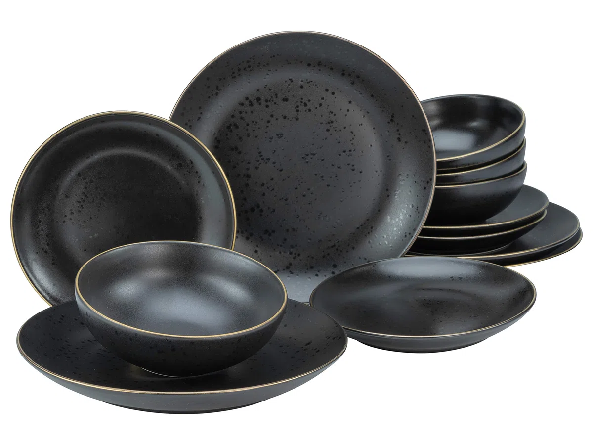 CreaTable, 22707, Serie Industrial Gold BLACK, 12-teiliges Geschirrset für 4 Personen, Teller Set aus Steinzeug, spülmaschinen- und mikrowellengeeignet, Qualitätsproduktion
