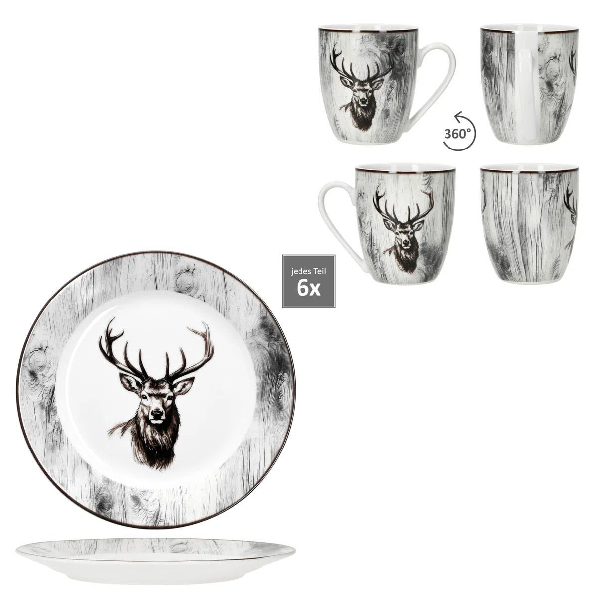 MamboCat Alois 12tlg Frühstücksset I je 6x Frühstücksteller & Kaffeebecher 350 ml aus Porzellan I 6 Personen I Holz-Optik & Hirschmotiv in Schwarz-Weiß I für Frühstück & Kaffee