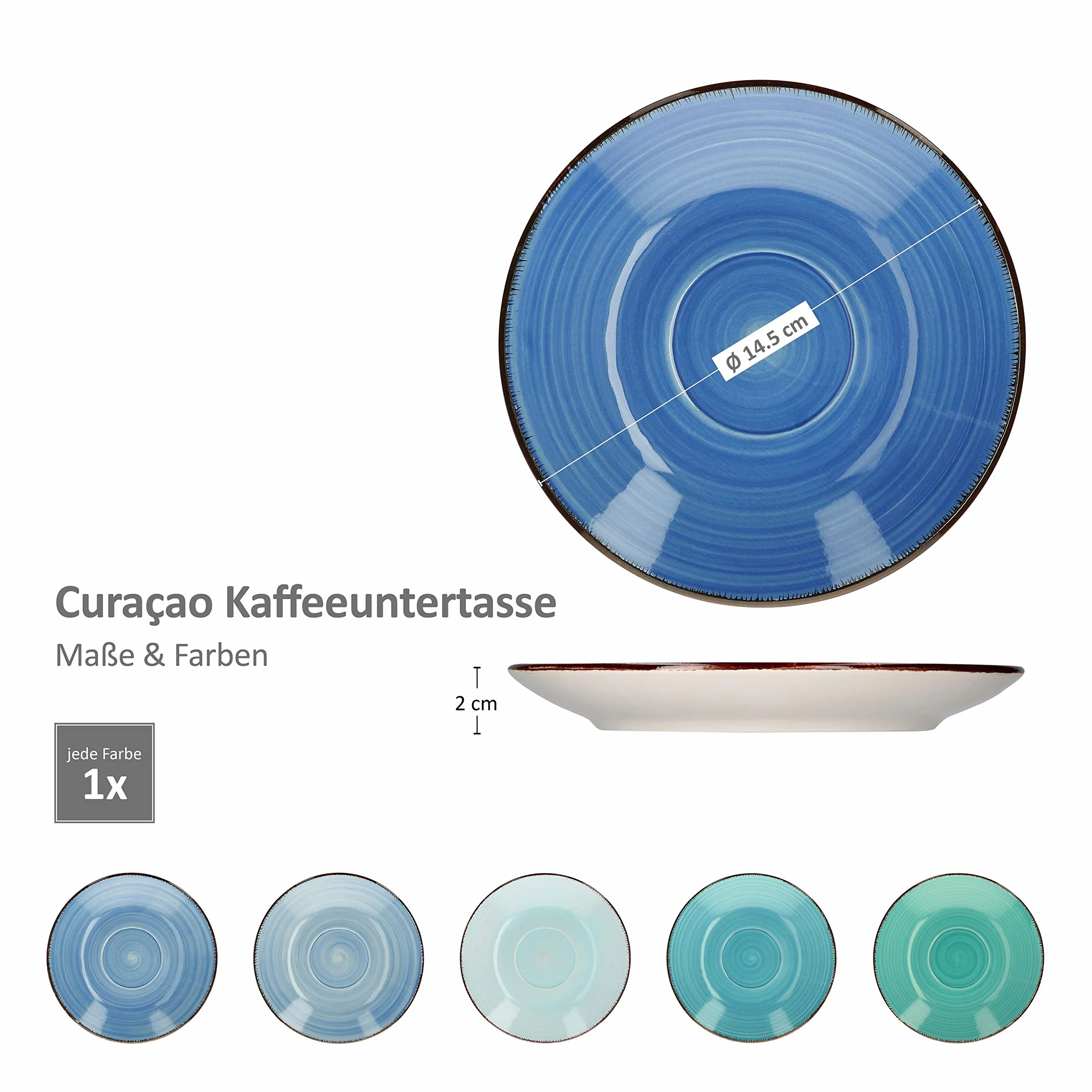 MamboCat 18-Teiliges Kaffee-Service Blue Curacao - Geschirr-Set für 6 Personen, Handbemalt - Steingut Mit Tassen, Unterteller, Kuchenteller - Buntes Set