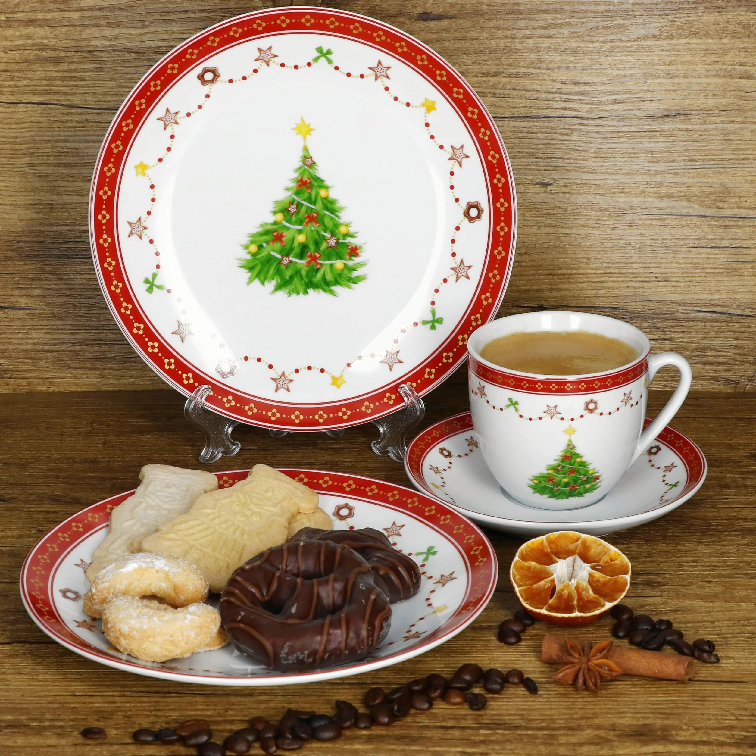 MamboCat Weihnachtstraum 18tlg Kaffeeservice I Porzellan-Kaffeeset für 6 Personen mit Weihnachtsdekor I Je 6X Kaffeetassen 190ml, Untertassen & Kuchenteller I Geschirr für Weihnachten & Nikolaus