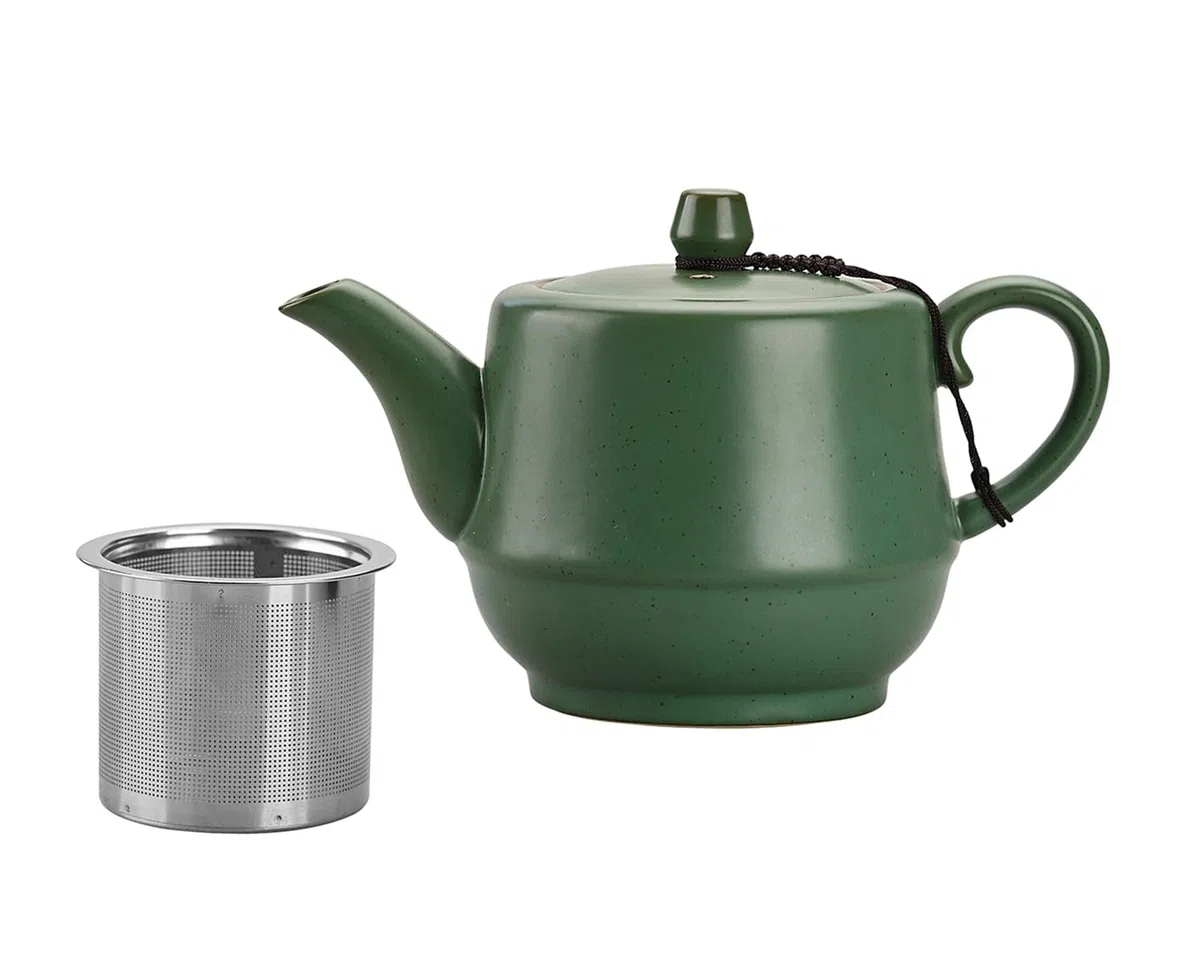 Keramik-Teekanne im ländlichen Stil mit Edelstahl-Teesieb, 473 ml, Porzellan-Teekanne mit blühenden und losen Blättern (grün)
