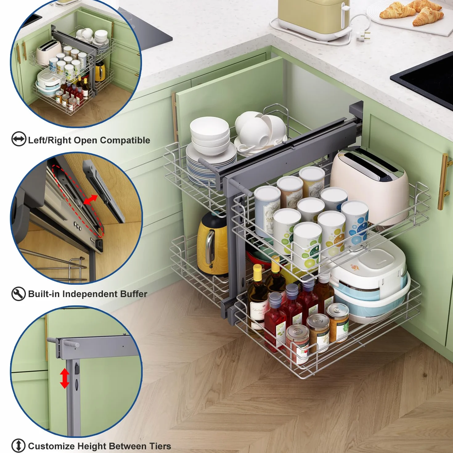 VADANIA Ausziehbarer Küchenschrank Organizer für Blinde Ecken, 800 mm, 2-stöckiger Korb Aufbewahrung, Softclose, Bodenmontage, Links- und Rechtsöffnung kompatibel