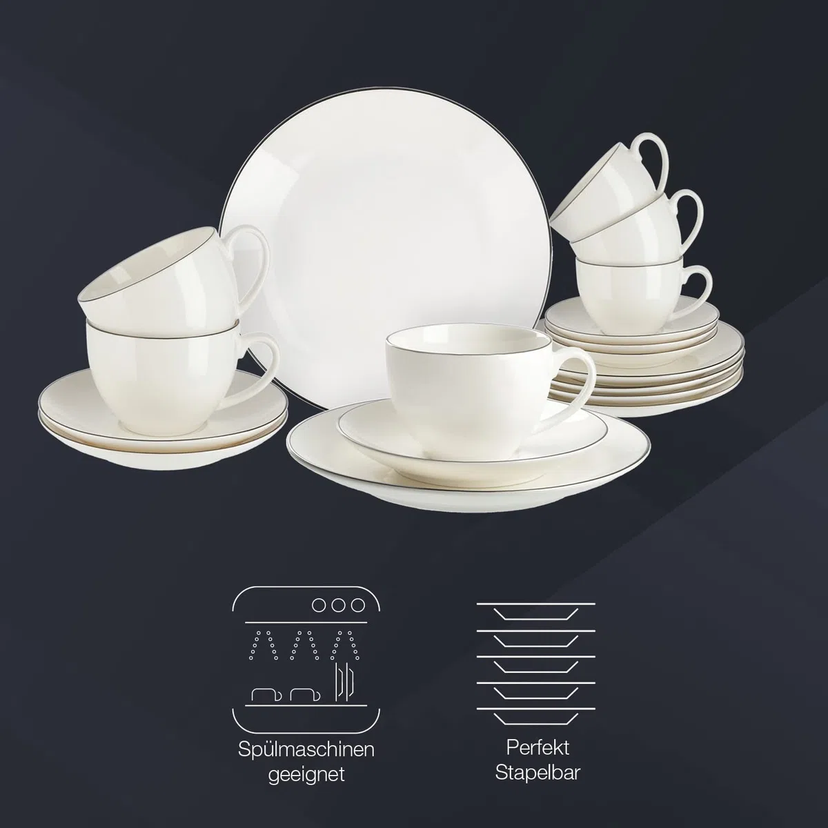 Peill+Putzler Germany, Kaffeeservice für 6 Personen aus hochwertigem Porzellan, 18-teiliges Geschirrset in weiß mit schwarzem Rand, 6x Dessertteller, 6x Kaffeetassen, 6x Kaffeeuntertassen