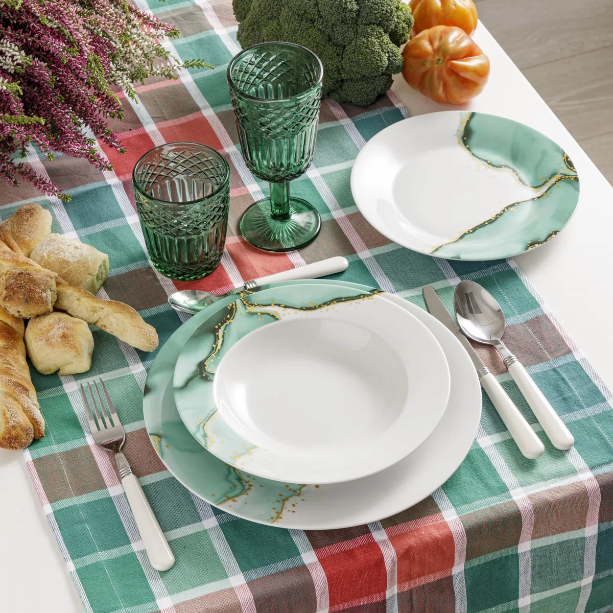 Baroni Home 18-teiliges Tafelservice aus Porzellan, Tellerservice für 6 Personen, Marmor-Stil