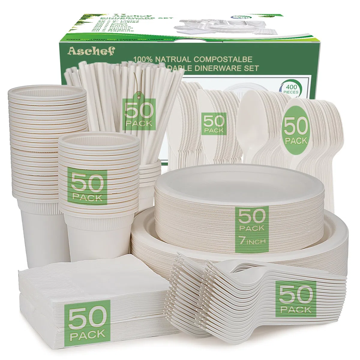 Umweltfreundliche Pappteller, Servietten, Becher und wiederverwendbares Besteck-Set, Geschirr, Essgeschirr-Set für Abendessen, Picknick, Camping, Party, Grillen, 400 Stück