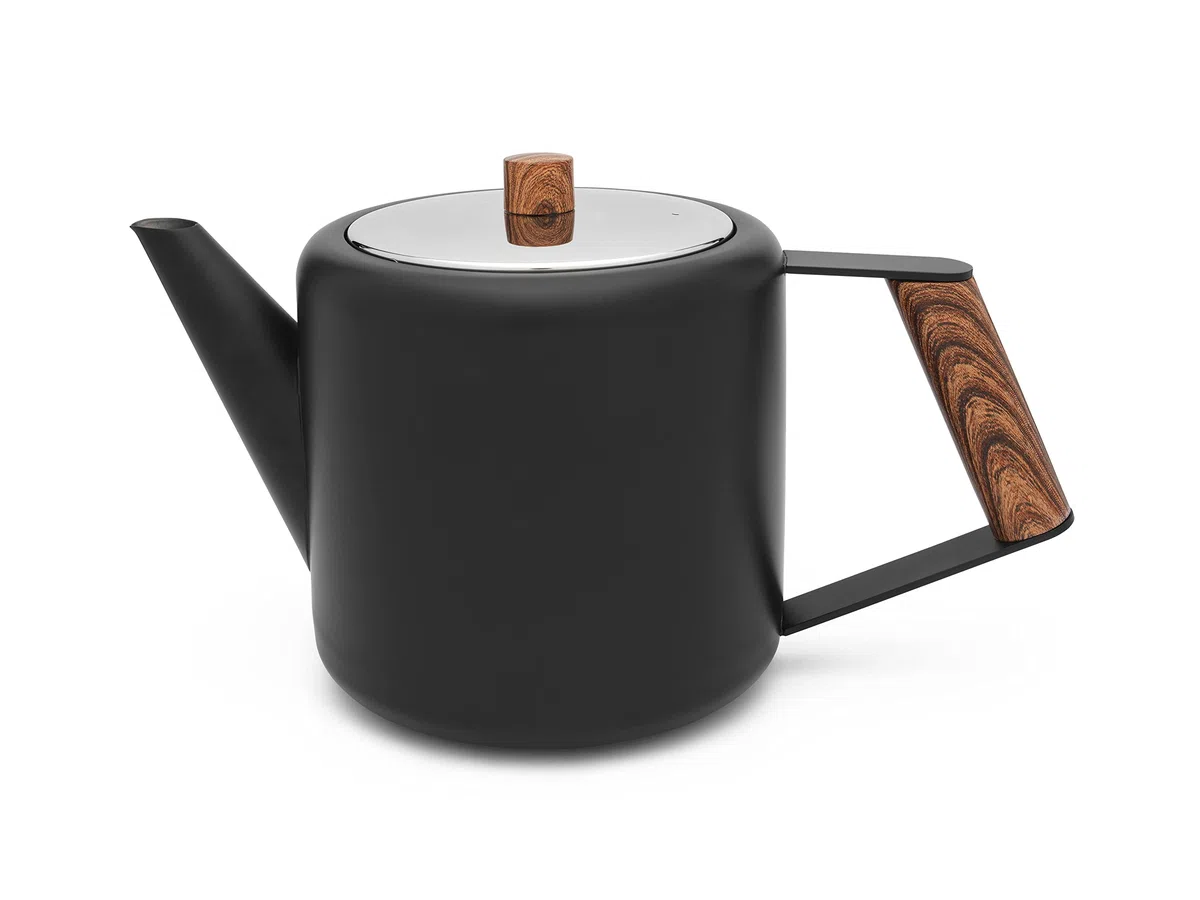 schwarze doppelwandige Edelstahl Teekanne 1.1. L & Holzgriff
