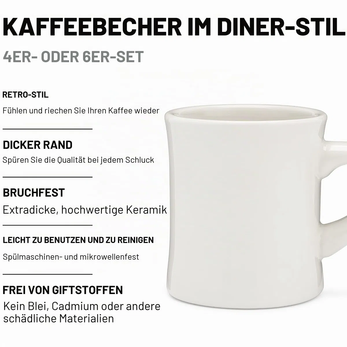 Coletti Off-White-Kaffeetassen-Set mit 4 – Diner-Kaffeetassen 11 oz – Tassenset, Kaffeetassen aus Steingut, Kaffeetassen aus Keramik – Schwerer Retro-Stil – spülmaschinen- und mikrowellenfest