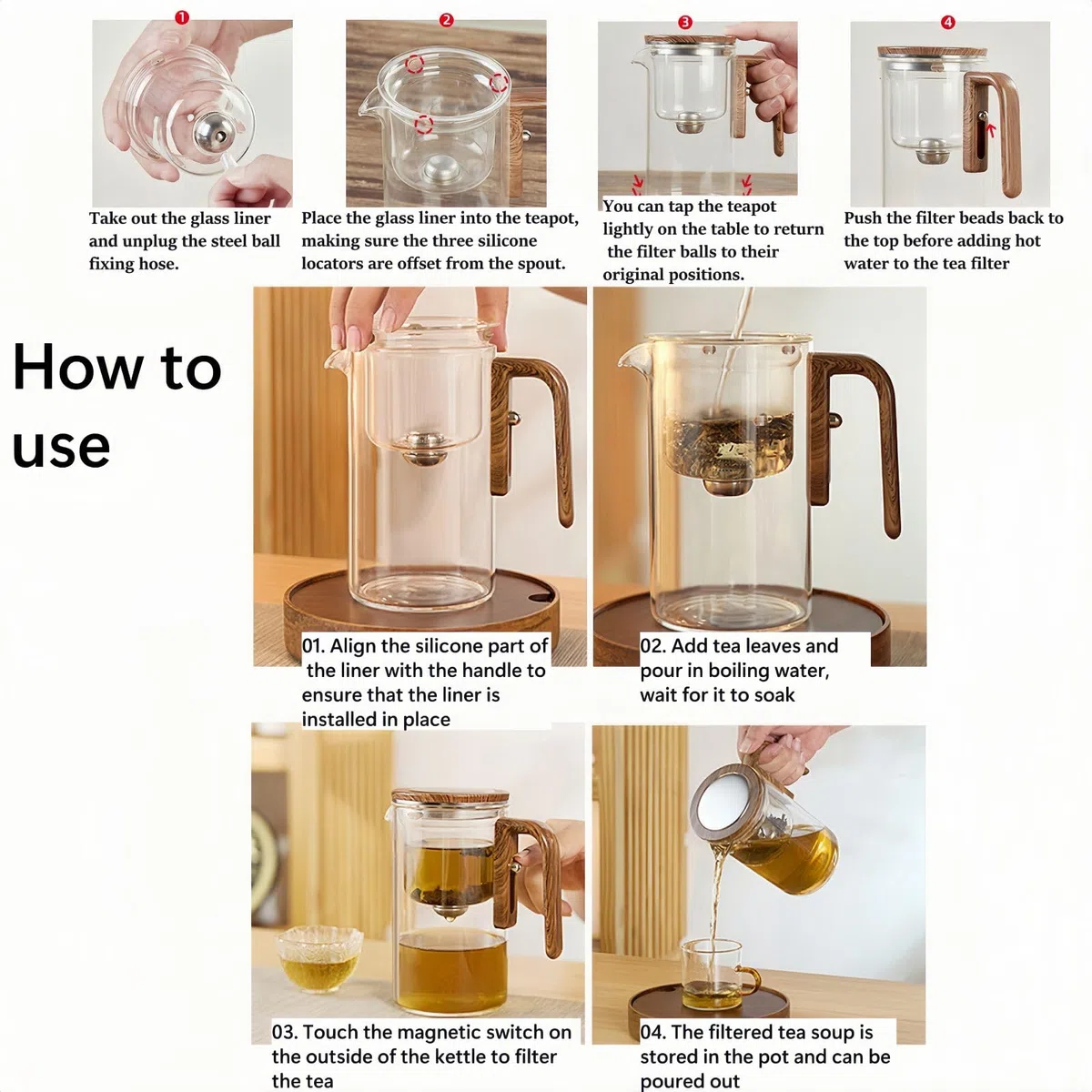 Wasserabscheidende Teekanne aus Glas mit Holzgriff, Teekanne aus Glas mit Sieb und Druckknopf, Teekanne aus klarem Glas, für blühenden Tee und losen Tee(500ml/17oz,700/24oz) (500ML)