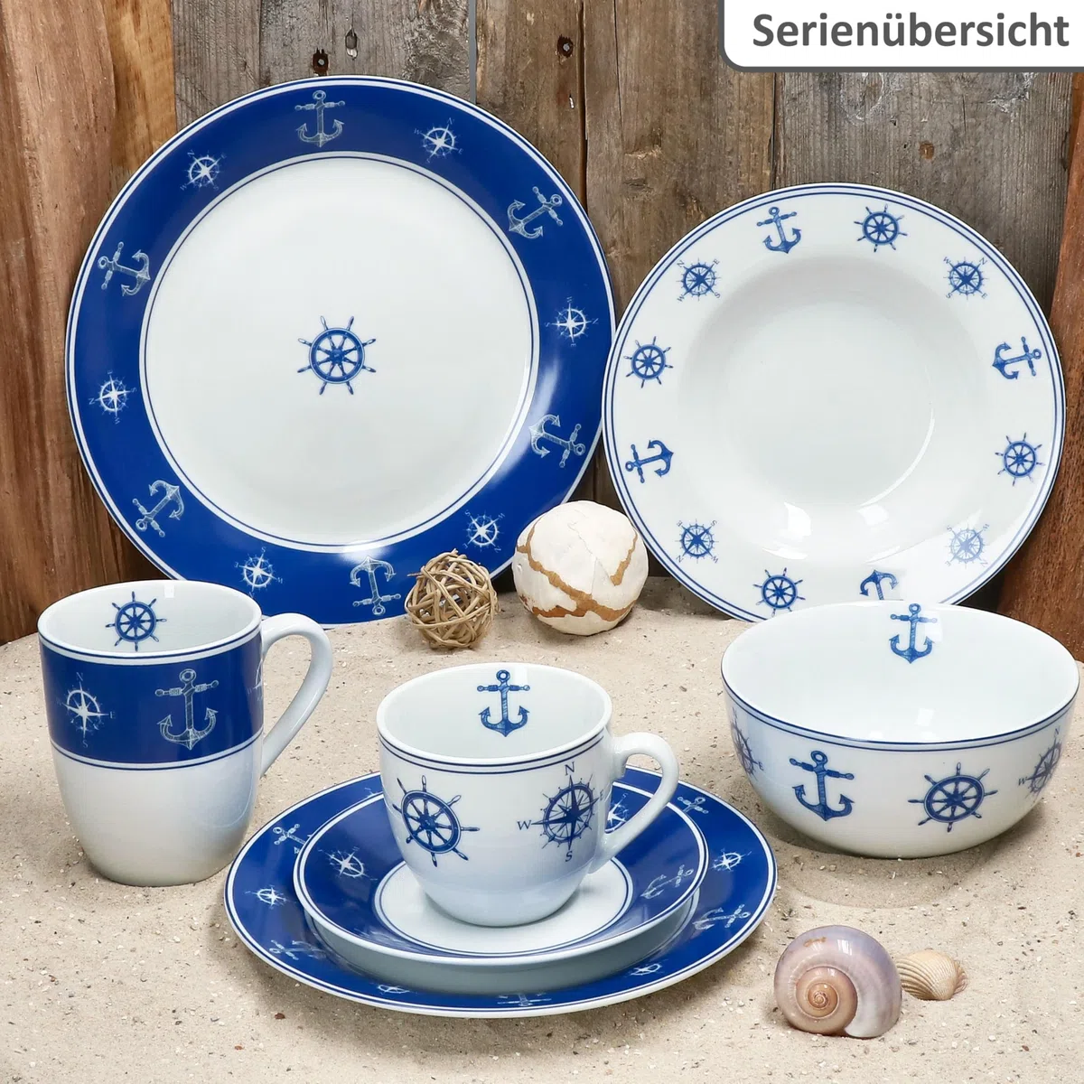 MamboCat Ahoi 12tlg Frühstücksset aus Porzellan I blau-weißes maritimes Design mit Anker & Steuerrad I je 6x Kuchenteller & Kaffeebecher für 6 Personen | Frühstück & Kaffeezeit