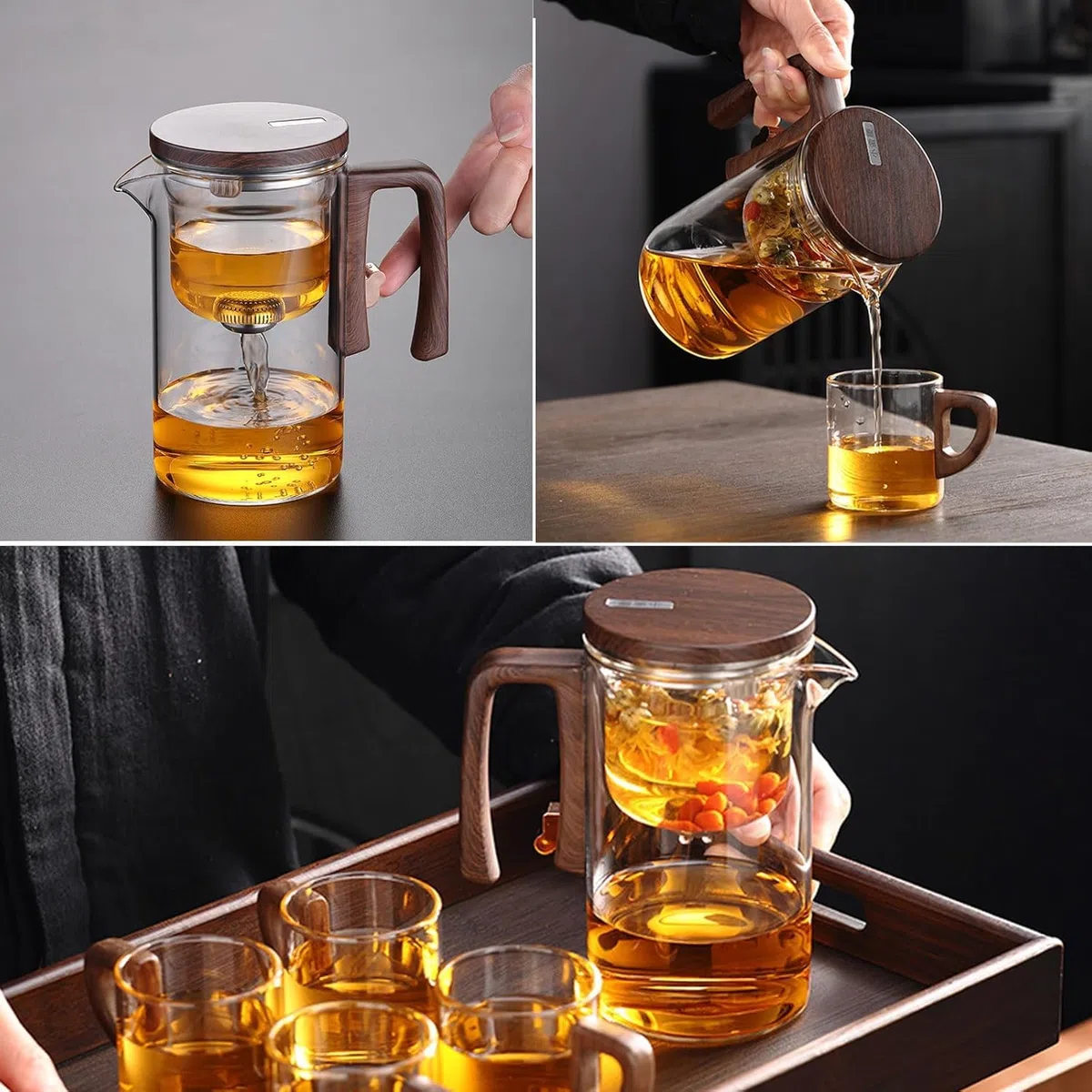 Water Separation Glass Teapot with Wooden Handle, Enchantipot Magic Tea Pot, Magical Teapot Glass with Infuser, Clear Tea Pot with Strainer, Tea Separation Filtration Glass Tea Pot