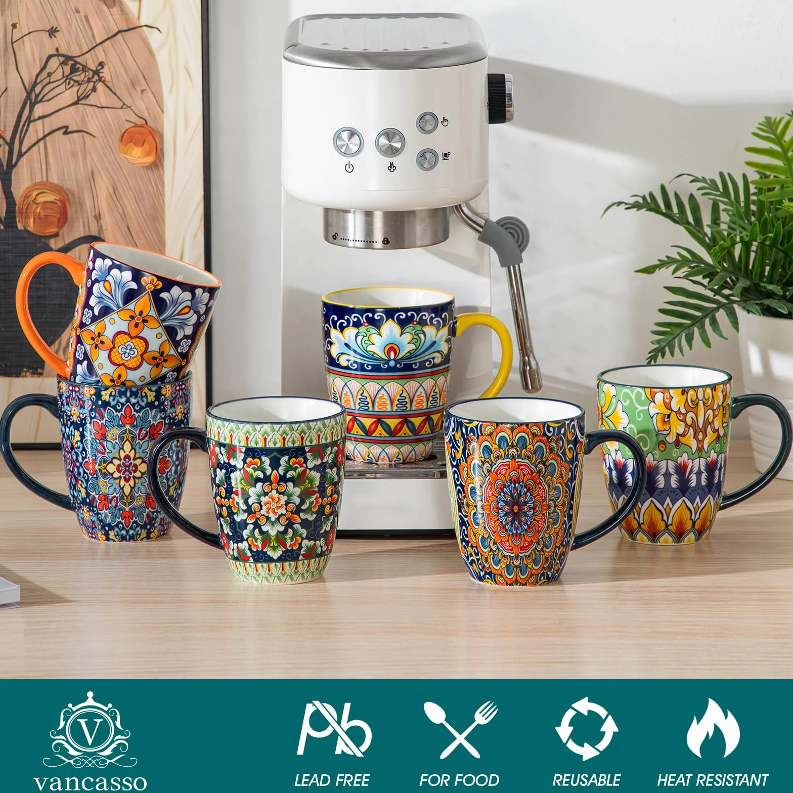 vancasso Kaffeetassen Set 6er, SIMI Tassen Set mit Henkel, 360ML Kaffeebecher Porzellan, Böhmisches Teetassen, kaffeeservice 6 personen