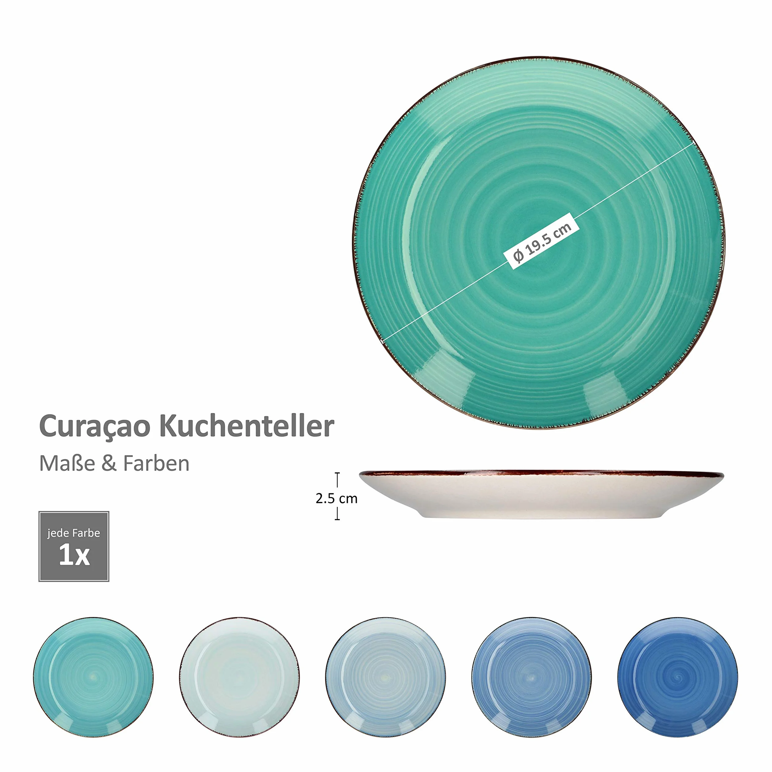 MamboCat 18-Teiliges Kaffee-Service Blue Curacao - Geschirr-Set für 6 Personen, Handbemalt - Steingut Mit Tassen, Unterteller, Kuchenteller - Buntes Set