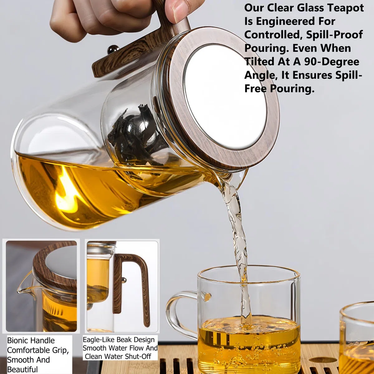 Wasserabscheidende Teekanne aus Glas mit Holzgriff, Teekanne aus Glas mit Sieb und Druckknopf, Teekanne aus klarem Glas, für blühenden Tee und losen Tee(500ml/17oz,700/24oz) (500ML)