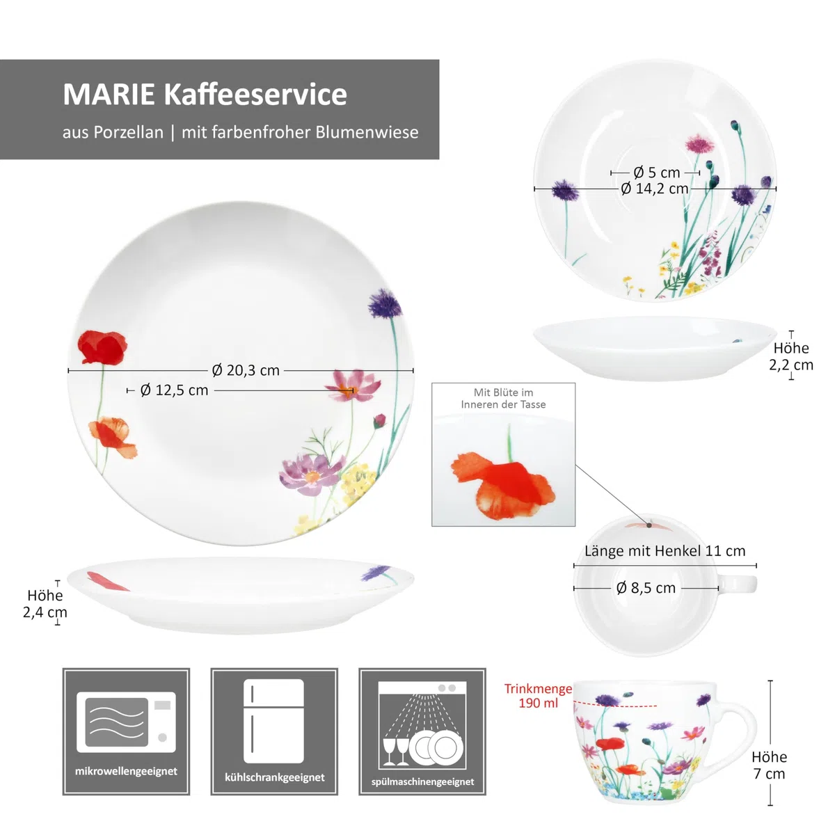MamboCat Marie 18tlg Kaffeeservice I Porzellan-Geschirr mit Blumenwiese-Dekor für 6 Personen I Je 6x Tassen 190ml, Untertassen & Teller für Frühstück & Kaffee