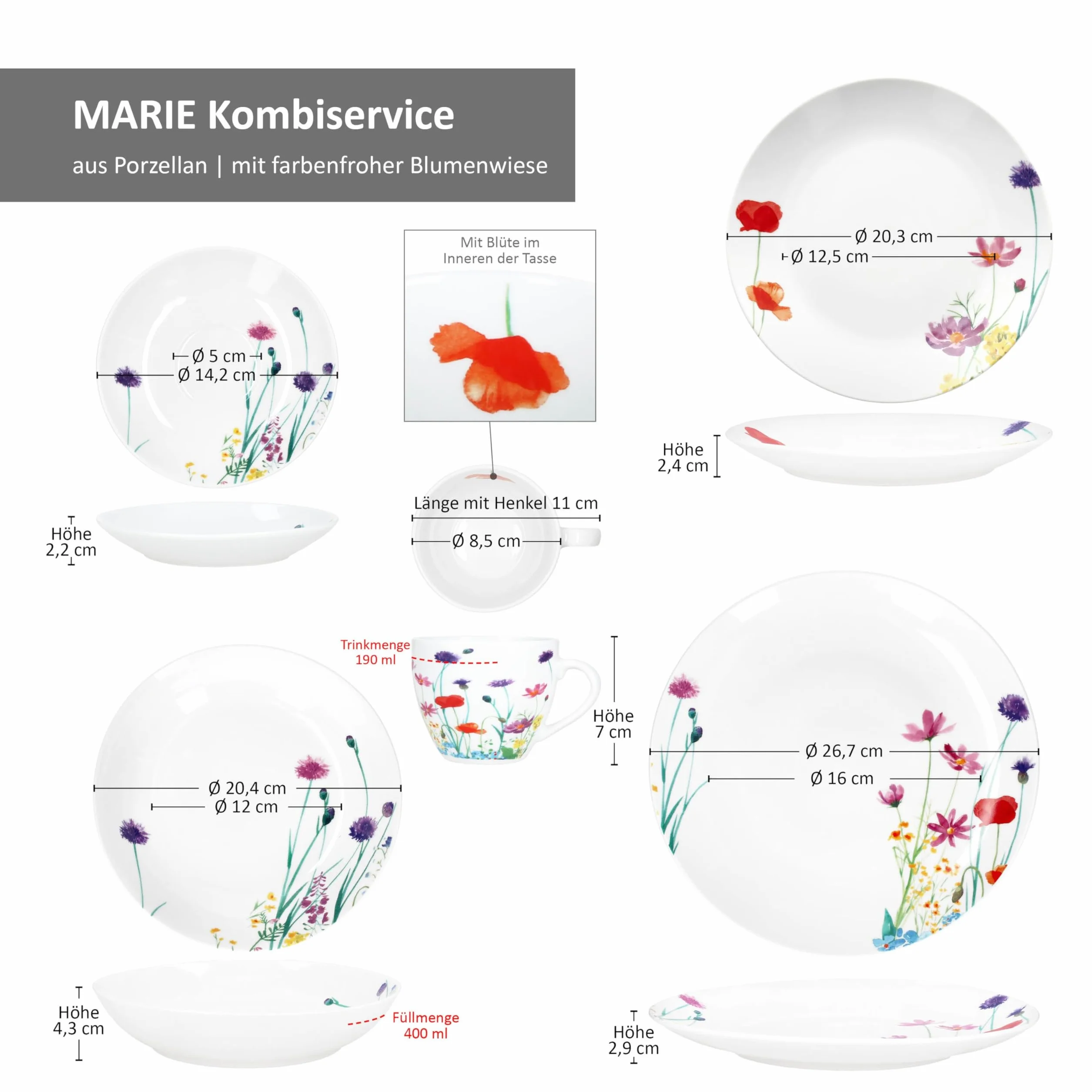 MamboCat Marie 30tlg Kombiservice I Porzellan-Geschirrset mit Blumenwiese-Dekor für 6 Personen I Je 6x Tassen, Untertassen, Kuchenteller, Suppenteller & Speiseteller