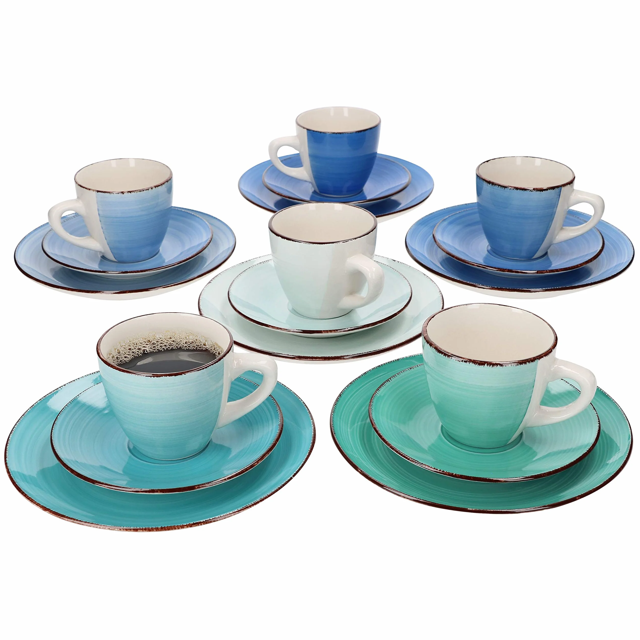 MamboCat 18-Teiliges Kaffee-Service Blue Curacao - Geschirr-Set für 6 Personen, Handbemalt - Steingut Mit Tassen, Unterteller, Kuchenteller - Buntes Set