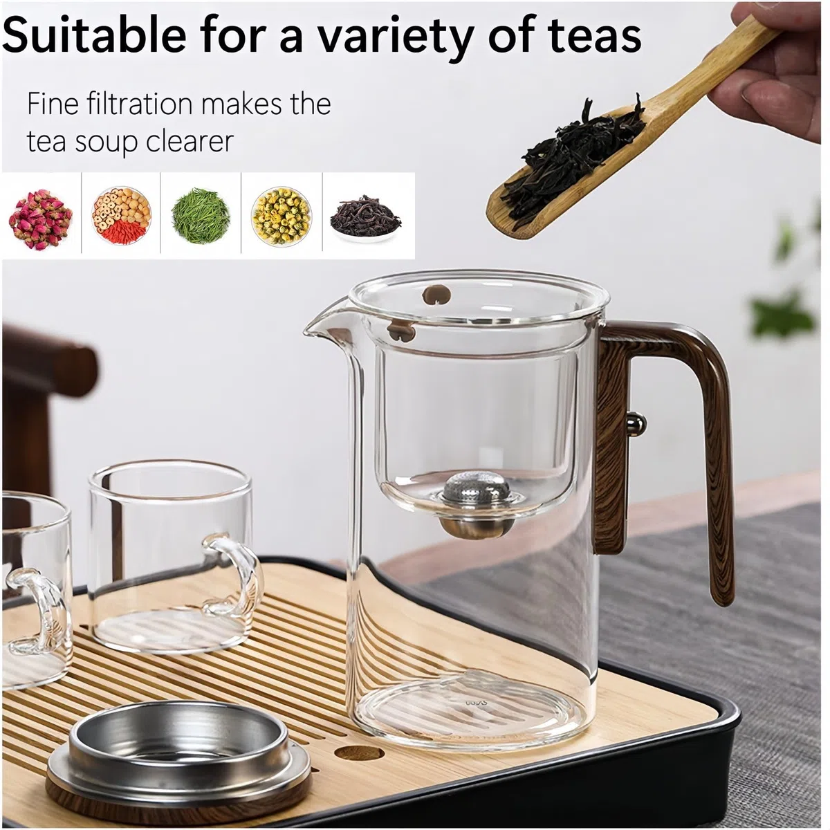 Wasserabscheidende Teekanne aus Glas mit Holzgriff, Teekanne aus Glas mit Sieb und Druckknopf, Teekanne aus klarem Glas, für blühenden Tee und losen Tee(500ml/17oz,700/24oz) (500ML)