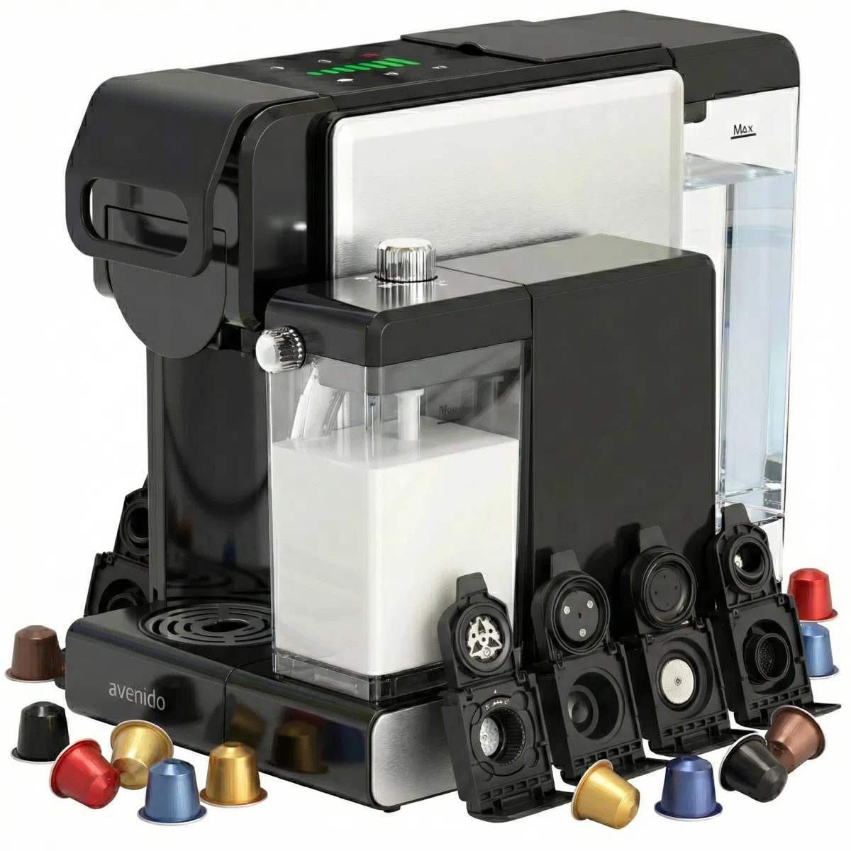 Kaffeemaschine, multikapsel-espressomaschine mit milchaufschäumer, 2850W leistung, 19 bar druck und 7 adapter, edelstahl