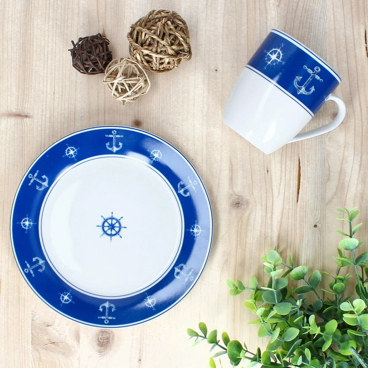 MamboCat Ahoi 12tlg Frühstücksset aus Porzellan I blau-weißes maritimes Design mit Anker & Steuerrad I je 6x Kuchenteller & Kaffeebecher für 6 Personen | Frühstück & Kaffeezeit
