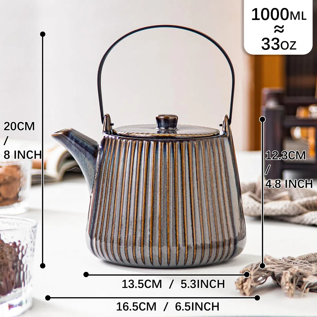 Yundu Braun Teekanne Porzellan, 1000ml Keramik Mit Abnehmbarem Tee-Ei, Teesieb für Losen Tee, Siebeinsatz