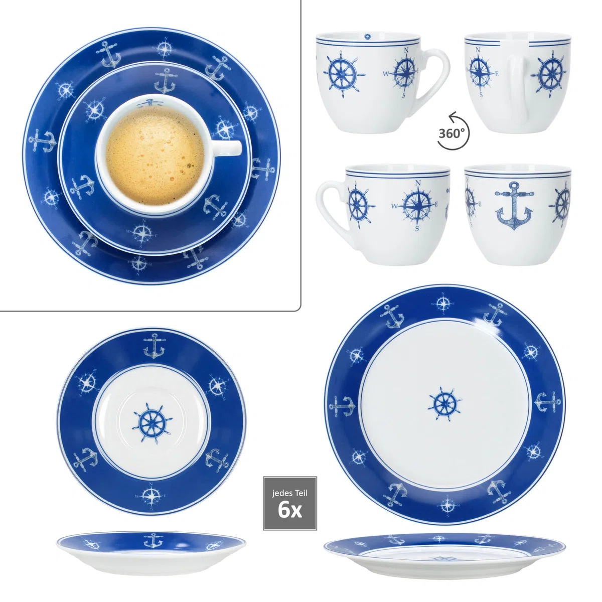 MamboCat AHOI 18tlg Kaffeeservice I blau-weißes Porzellan-Geschirr mit nautischen Motiven Anker & Co für 6 Personen I Je 6X Tassen 200ml, Untertassen & Teller für Frühstück & Kaffee
