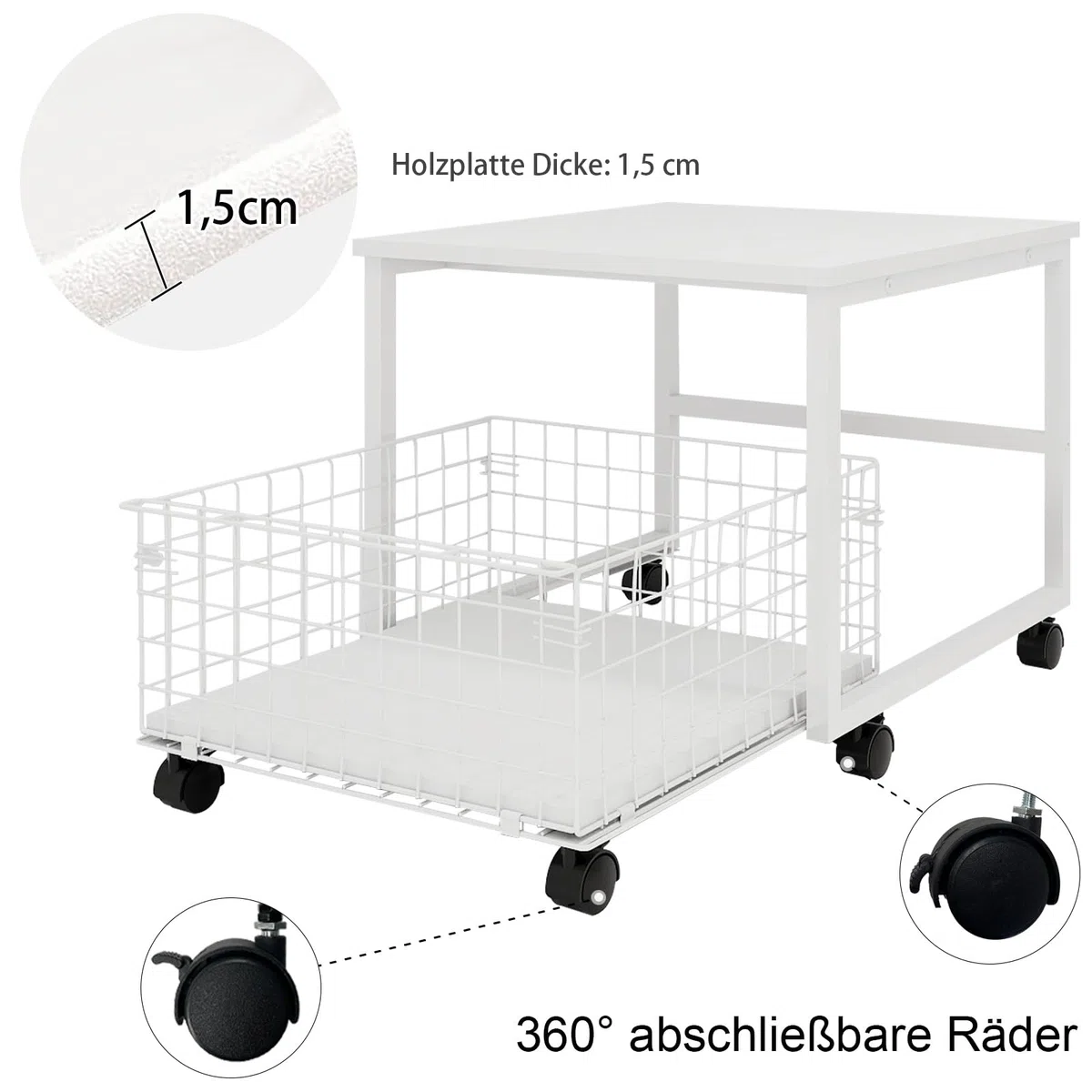 PUNCIA Kühlschrankständer auf Rollen Kühlschrankhalter mit Metallkorb Untergestell für Kühlschrank Sockel für Gefrierschrank Ausziehbarer Aufbewahrungskorb Küche Wohnzimmer Arbeitszimmer Büro Weiß