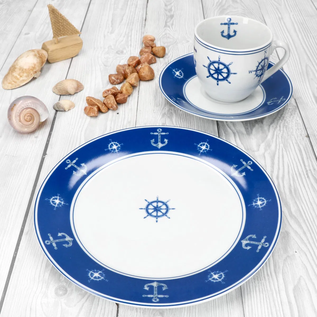 MamboCat AHOI 18tlg Kaffeeservice I blau-weißes Porzellan-Geschirr mit nautischen Motiven Anker & Co für 6 Personen I Je 6X Tassen 200ml, Untertassen & Teller für Frühstück & Kaffee