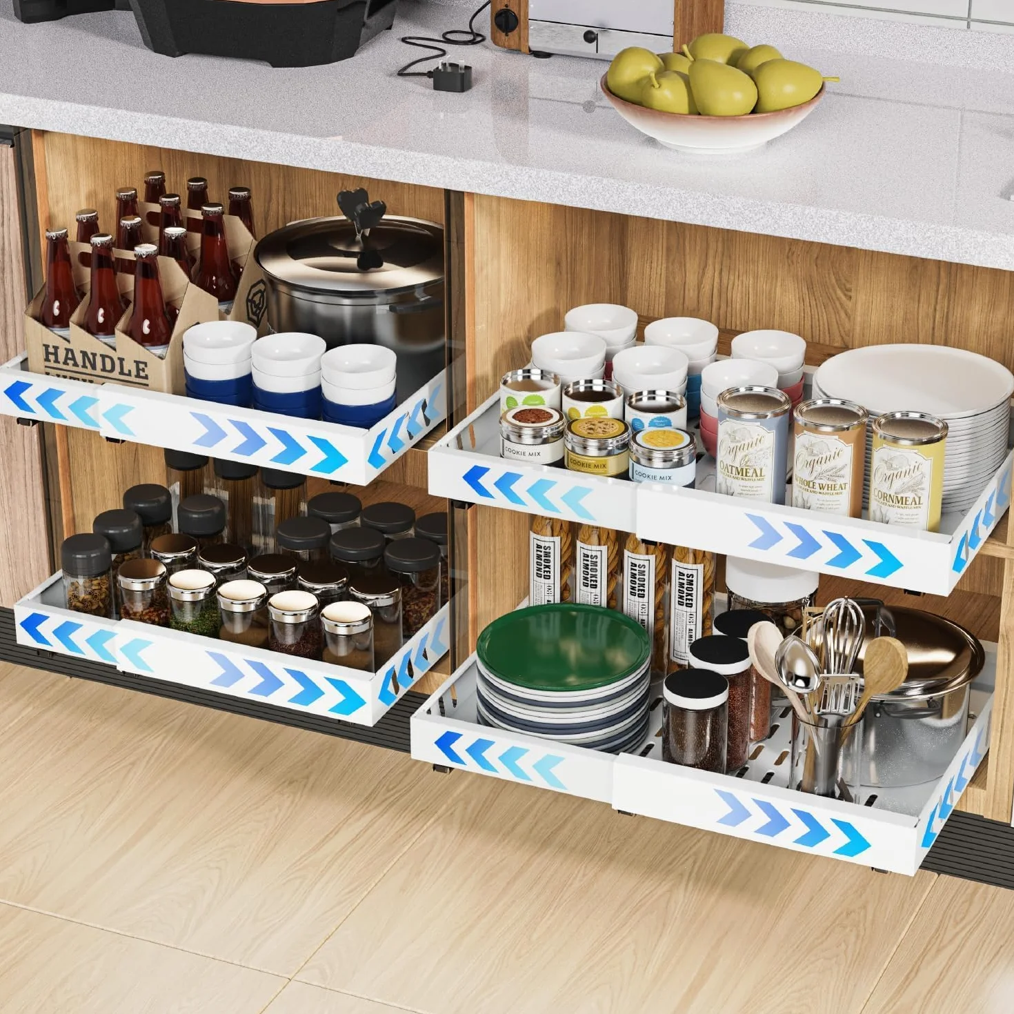 2 Pack erweiterbar ausziehbare schublade küche mit Kleber, ausziehbarer schrank organizer, Stick Slide Out teleskopschublade Cabinet Pull Out für Küche Pantry Organisation Einstellbare Breite 32-53cm