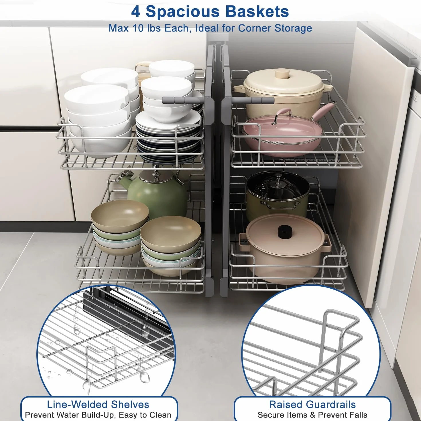 VADANIA Ausziehbarer Küchenschrank Organizer für Blinde Ecken, 800 mm, 2-stöckiger Korb Aufbewahrung, Softclose, Bodenmontage, Links- und Rechtsöffnung kompatibel