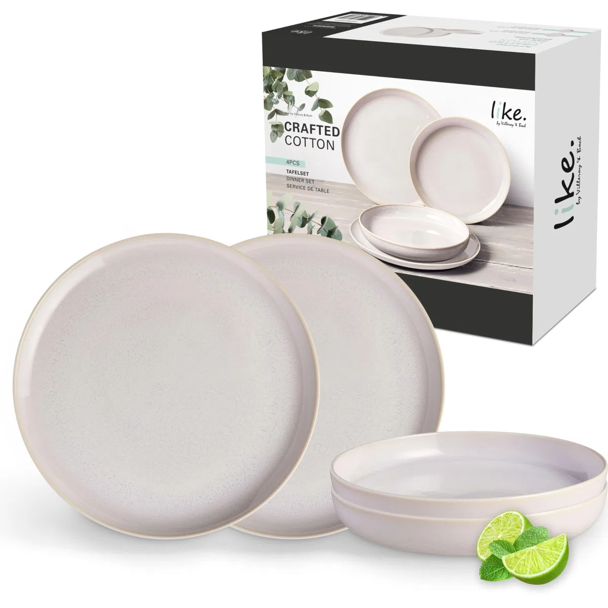 Villeroy & Boch Crafted Cotton Dinner-Set 4-teilig Weiß, Spülmaschinenfest, Mikrowellensicher, Premium Porzellan