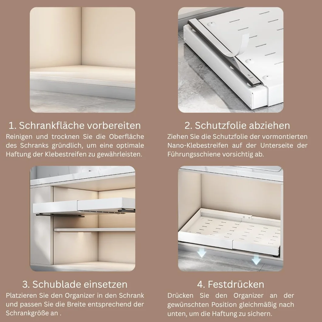 Teleskopschublade Küche 52cm Tief 2er Ausziehschublade Breite 32-50 cm verstellbar Kleben Schrauben Metallschienen