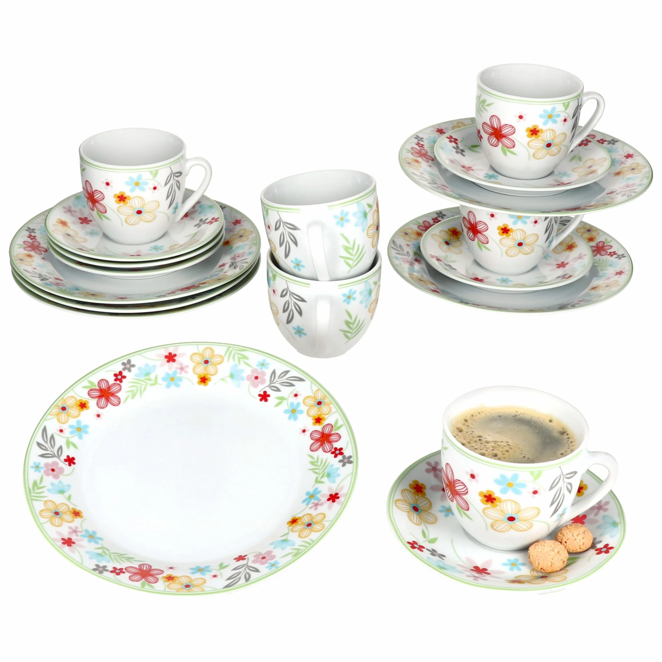 MamboCat Variant Blümchen 18tlg Kaffeeservice I farbige Porzellan-Kaffeeset für 6 Personen I Je 6X Kaffeetassen 200ml, Untertassen & Kuchenteller I buntes Geschirr für Frühstück & Kaffee